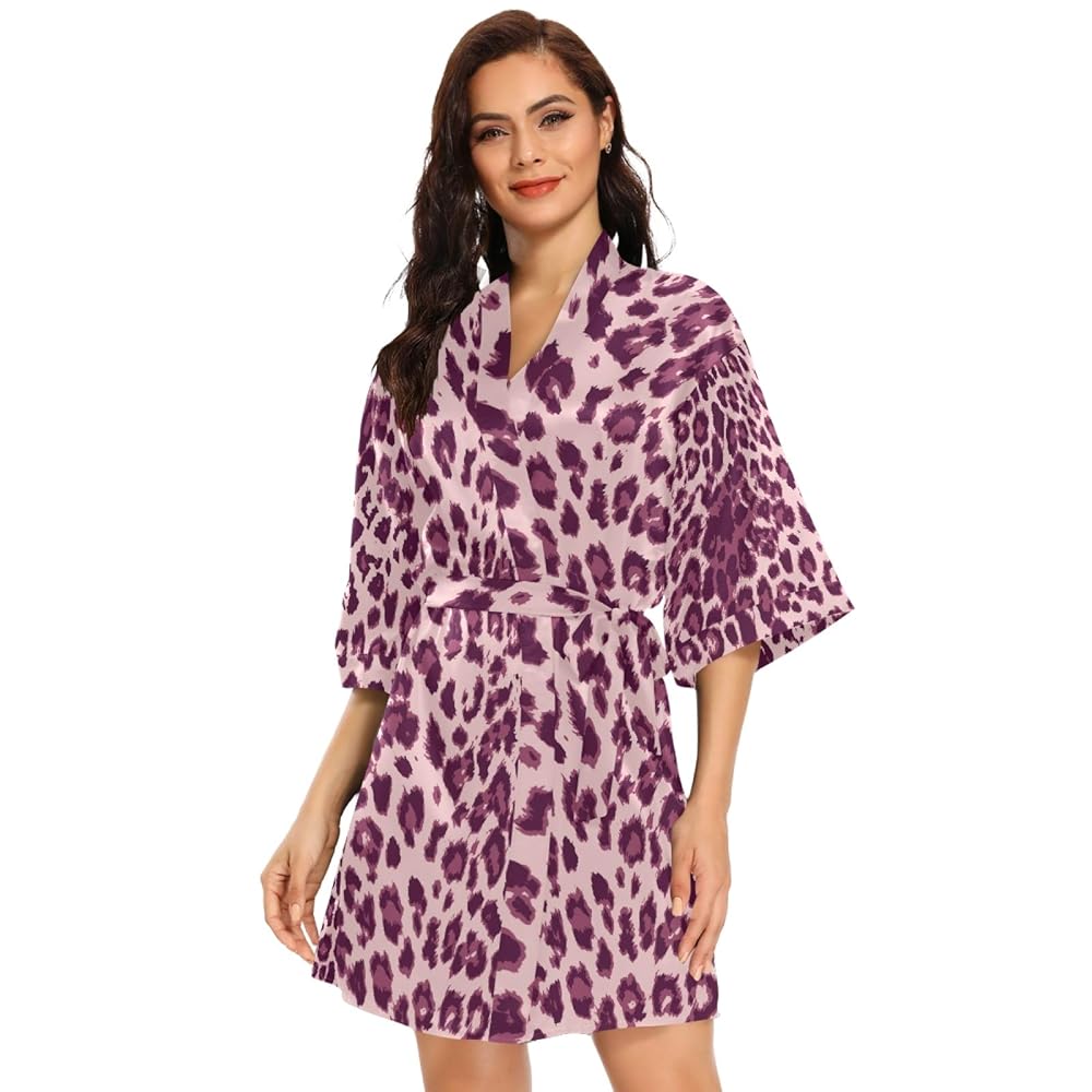 susiyo Pink Purple Leopard Print Satin Robe for Women