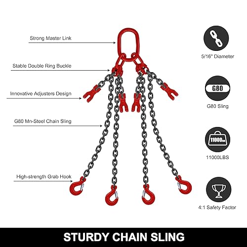 Miniatura 6 de SCIEO Eslinga de cadena de 516 pulgadas x 5 pies, cadena de elevación de cuatro patas, cadena de elevación de motor G80 con 4 patas y ganchos de