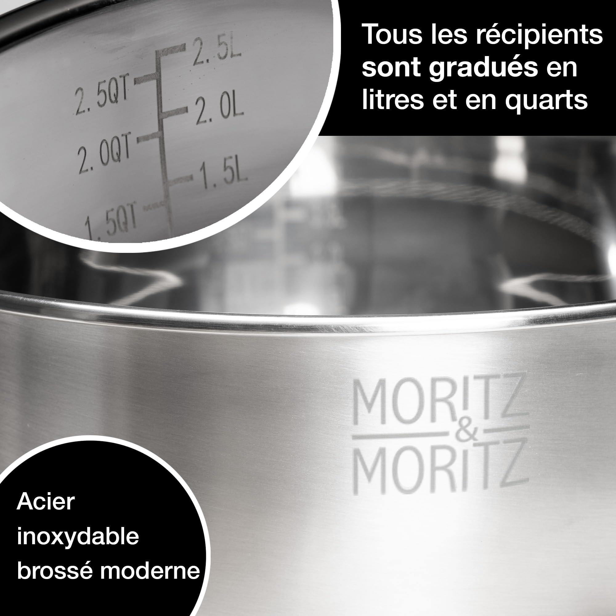 Moritz & Moritz Lot de 5 Bols en Acier Inoxydable avec Couvercles – Bols Antidérapants Empilables pour Mélange, Pâtisserie, Salades et Service, Saladier Inox Pratique, Ustensiles de Cuisine Inox