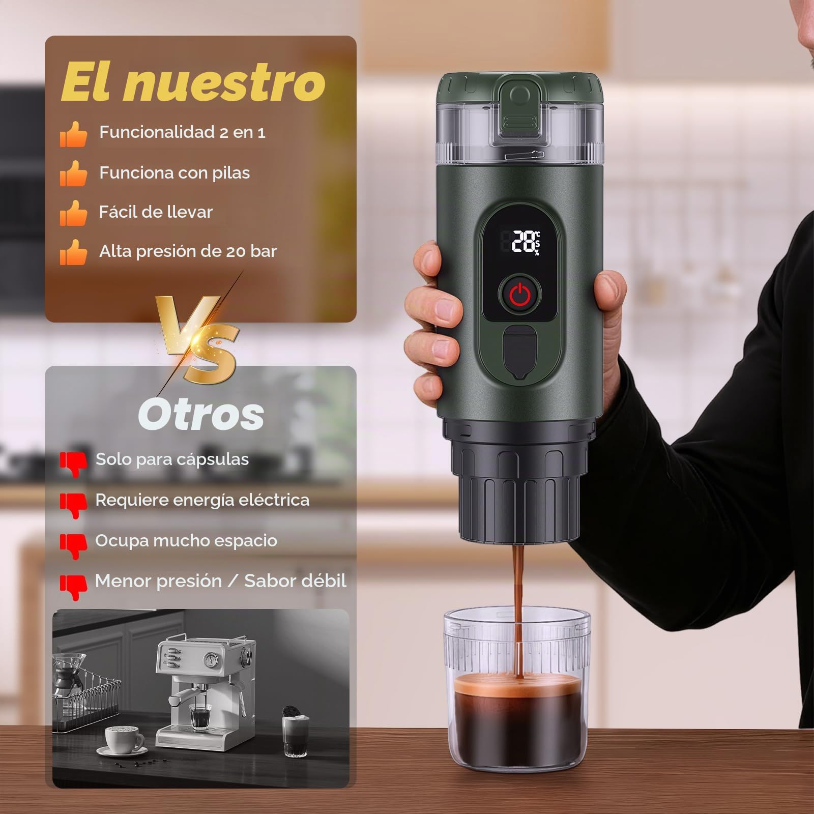 Cafetera portátil 2 en 1 con batería de 7650 mAh, 20 bar de presión, extracción en frío/calor, para cápsulas y café molido, portátil para oficina, viajes y camping (verde)