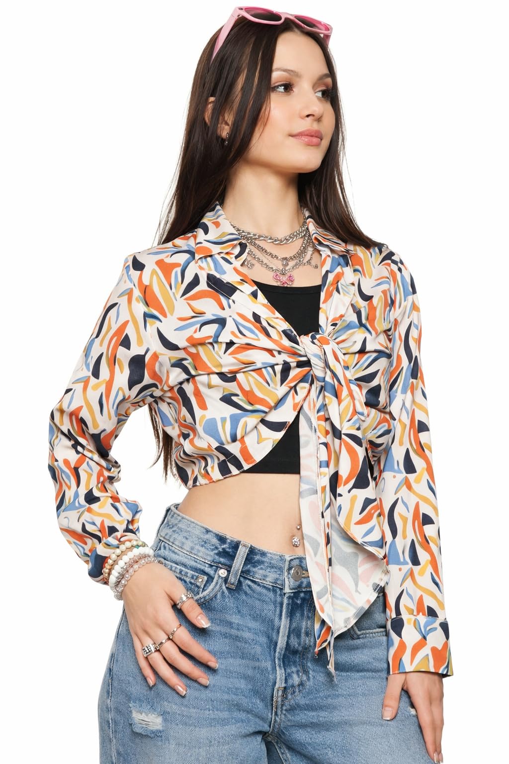 Floral Print Tie-Front Crop Shirt, Long Sleeve, Multicolour, Casual Summer Wear-image-41