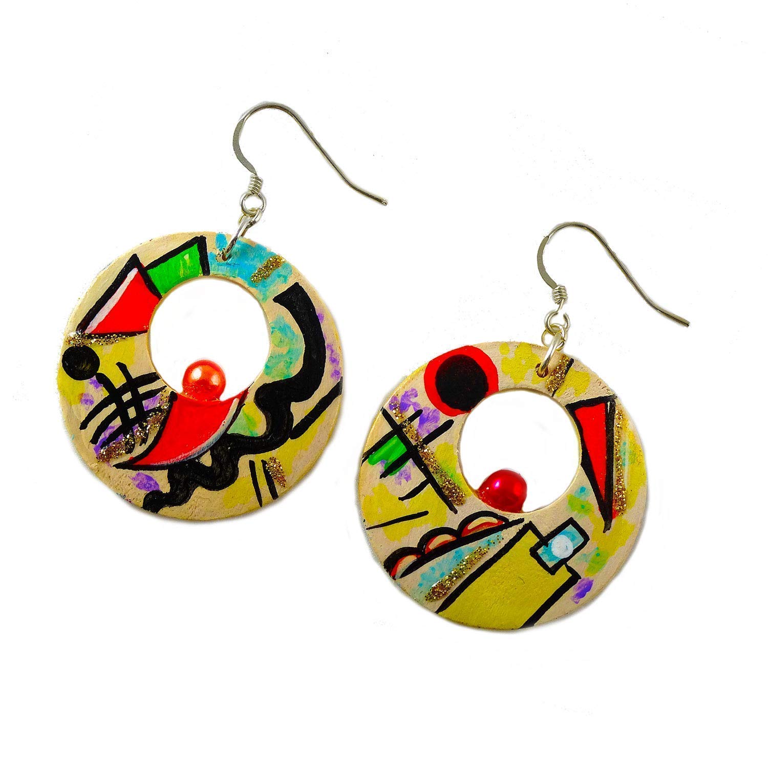 Boucles d'oreilles peintes à la main - BLEU, JAUNE, ROUGE PAR KANDINSKIJ - Boucles d'oreilles pour femmes, Bijoux en bois peint, Crochet en argent, Made in Italy, Bijoux, Artisanat