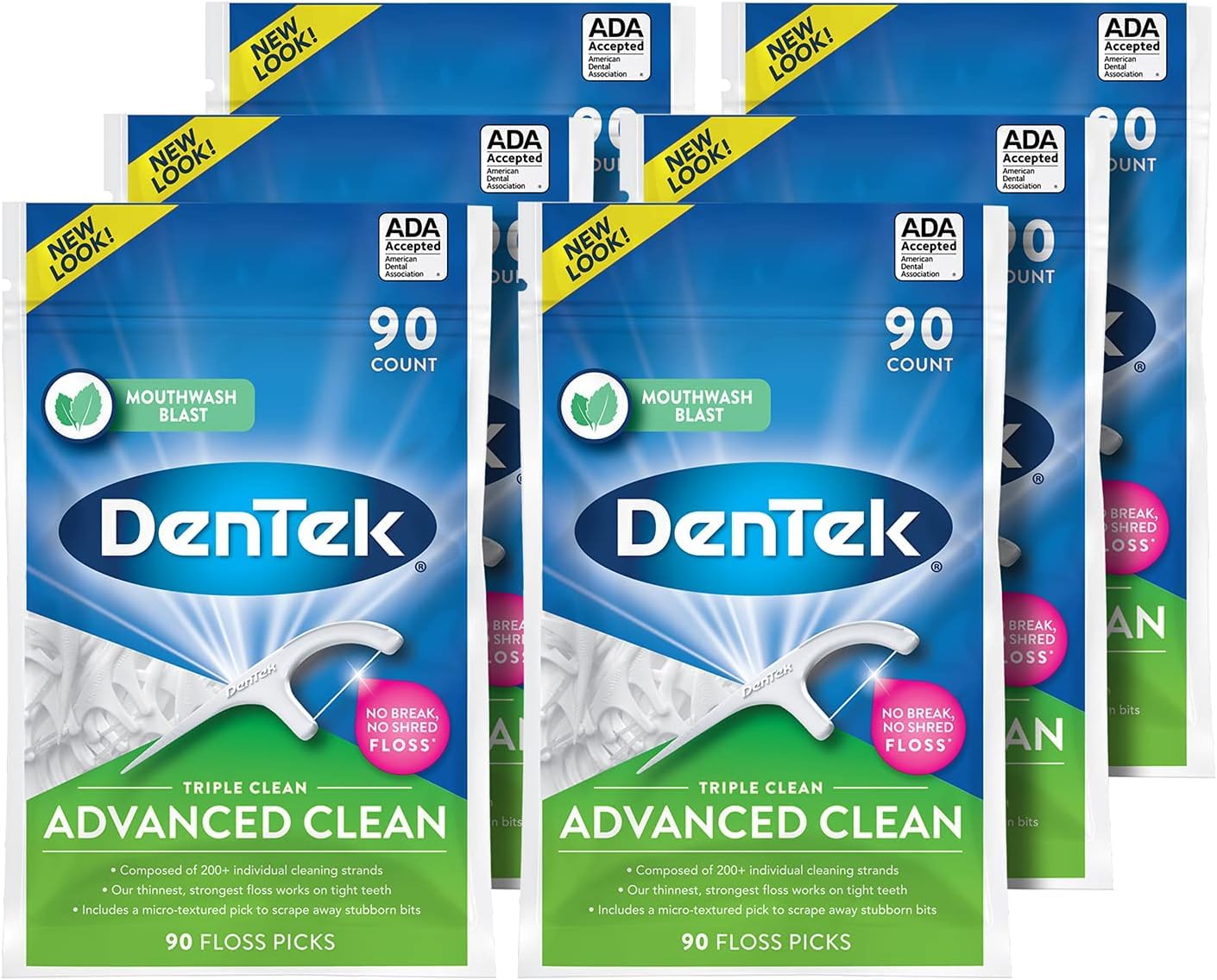 DenTek Extra Strong Triple Clean Floss Picks, Mouthwash Blast 90 ea (Pack of 6)