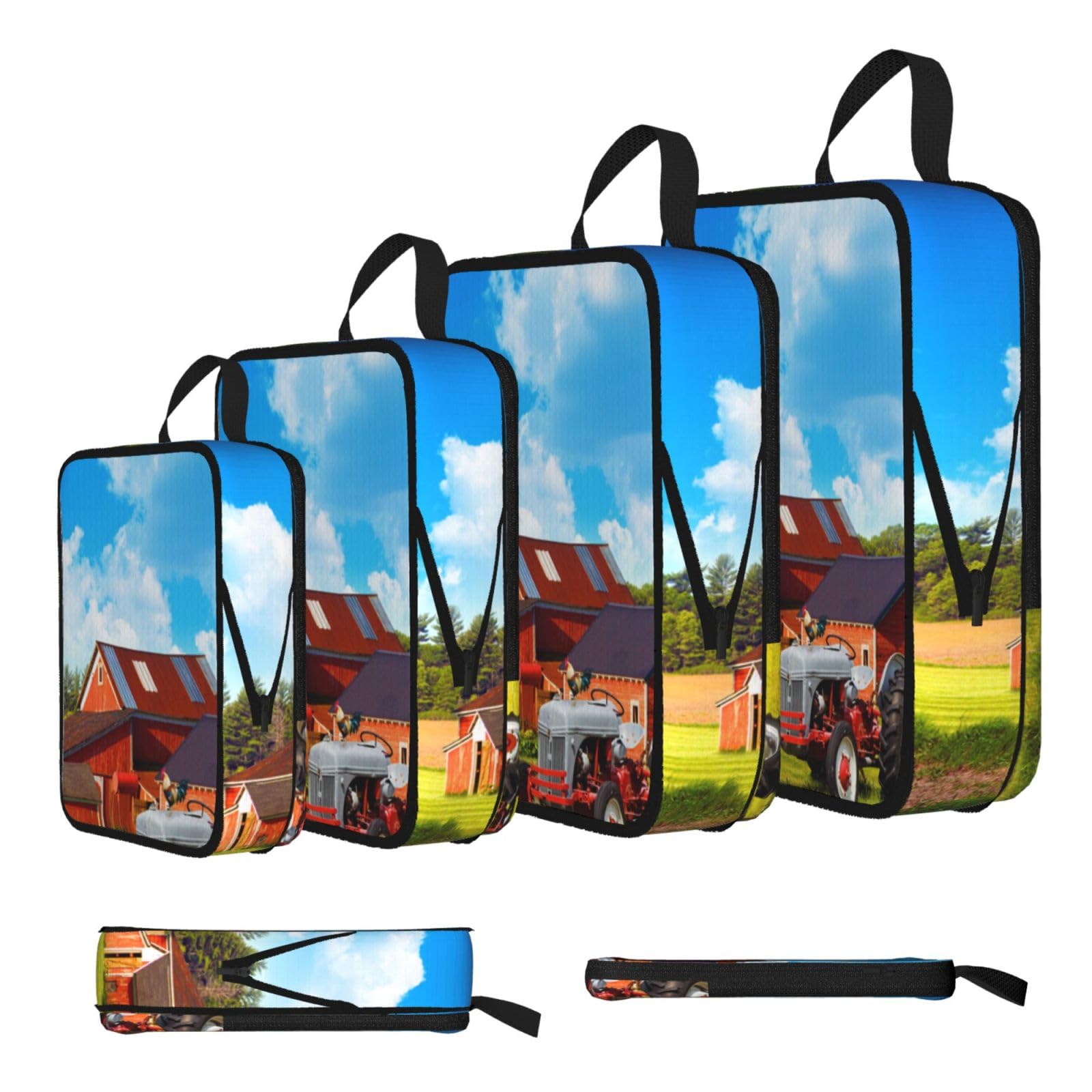 Company Farm Tractor Print Compression Packing Cubes 4-Piece Set With Multi- Compartment Travel Bag, Waterproof Suitcase Organiser Bags