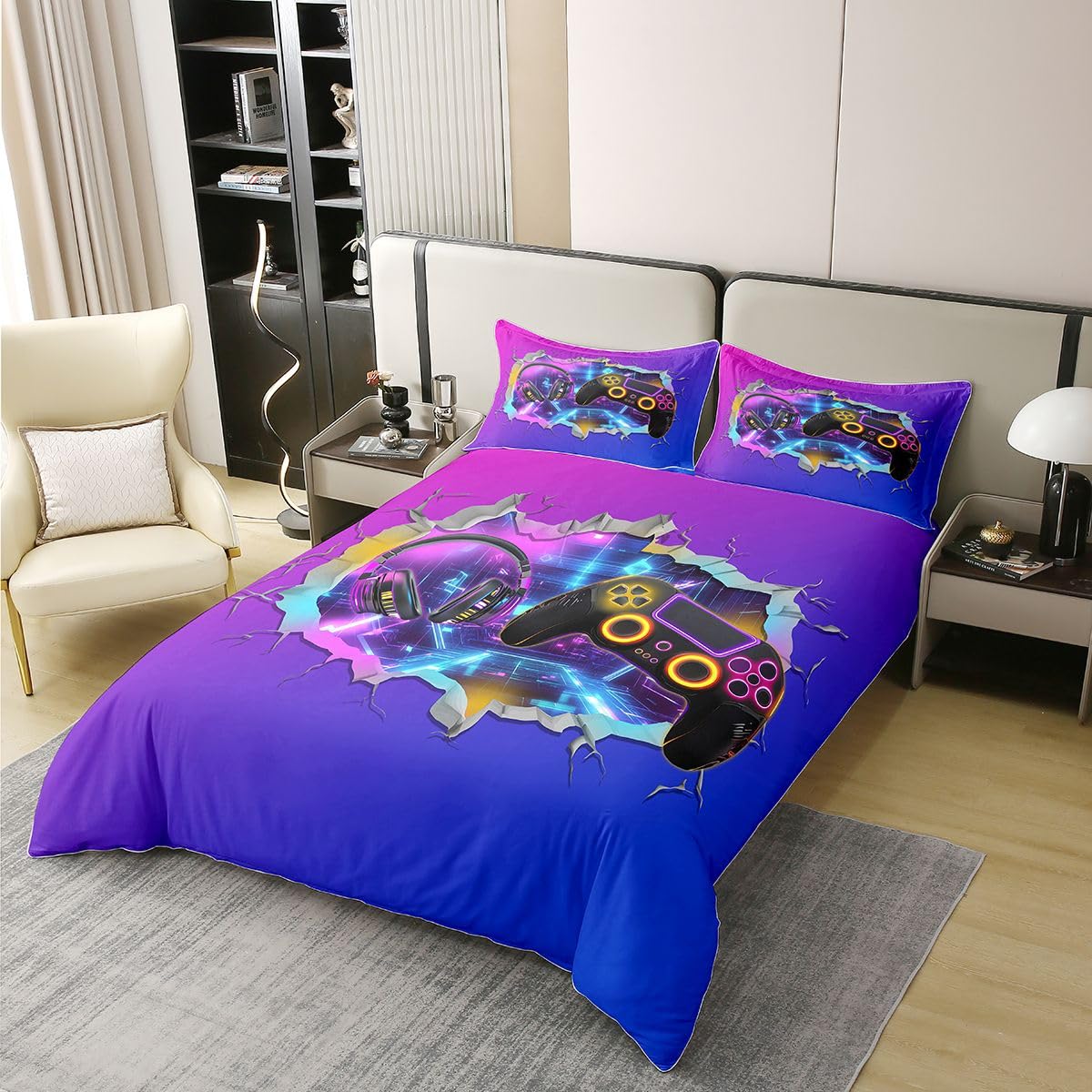 Homemissing Set di biancheria da letto in 100% cotone, per letto king size, per bambini e bambine, motivo console di videogiochi, decorazione per camera da letto, 3 pezzi, chiusura lampo e