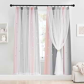 【色: 星彫り-ピンク】NICETOWN 遮光カーテン 二重層遮光 カーテン Amazon｜NICETOWN 遮光カーテン 二重層遮光 ピンク かわいい 柄