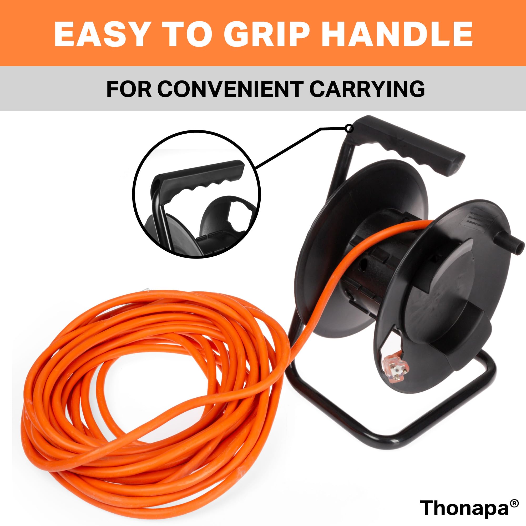 Thonapa - Carrete de almacenamiento para cable de extensión, color negro, con soporte de metal, soporta hasta 100 pies de cable eléctrico, manguera, cuerda