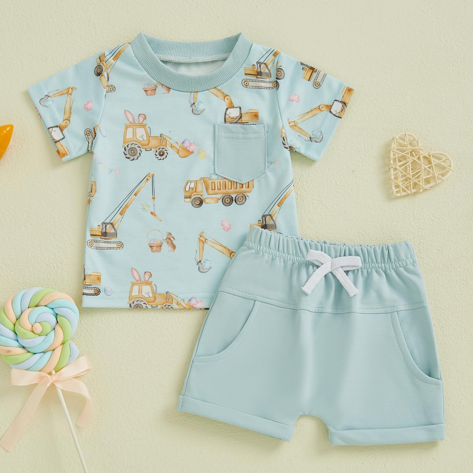 Lenjindjer Toddler Baby Boy Easter Outfits Bunny Truck Print Short Sleeve T-shirt Elastic Shorts Infant Summer Farm Clothes (Light Blue, 2-3T)