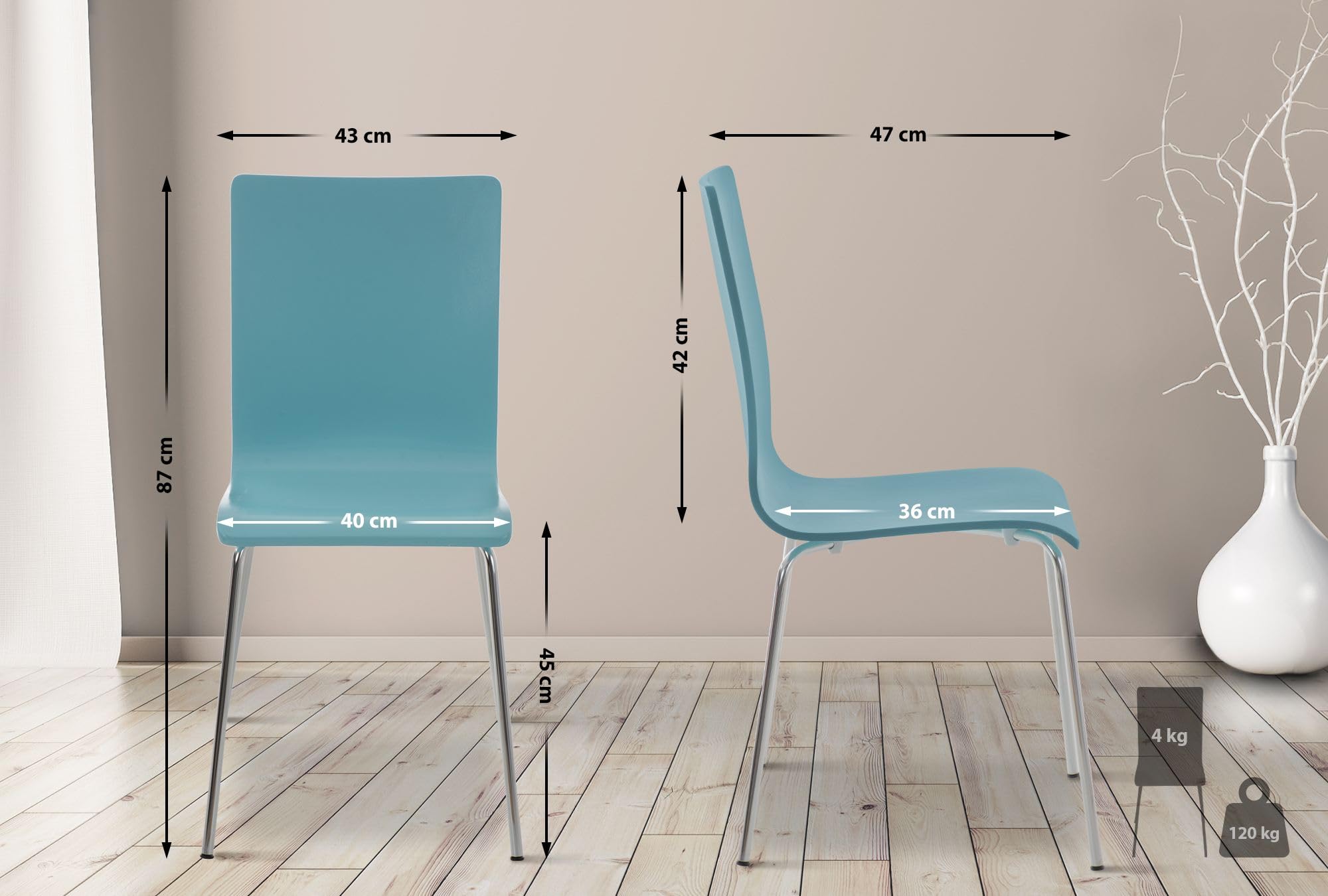 CLP Set 4 Sedie Visitatore Pepe I Sedia Attesa Con Seduta In Legno E Telaio In Metallo Cromato I Sedia Ergonomica E Facile Da Pulire, Colore:azzurro