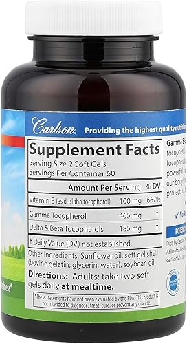 Vista 2 de Carlson Labs Gamma E-Gems, Gamma Tocoferol, 465 mg, 120 cápsulas blandas