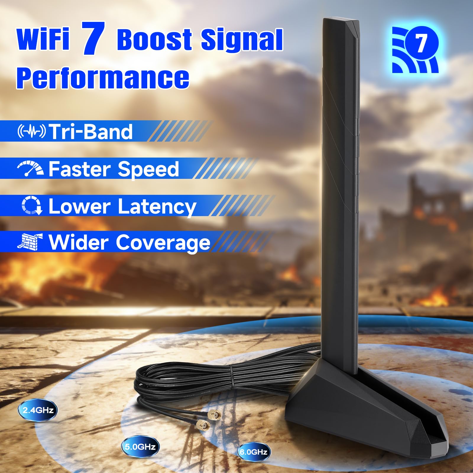 Eightwood Antenne WiFi 7 2,4 GHz 5 GHz 6 GHz WLAN 6E Antenne Tri-Bande WiFi Base magnétique avec câble d'extension de 2 m pour Bluetooth PC Carte mère WLAN Cartes PCI Carte WiFi Routeur