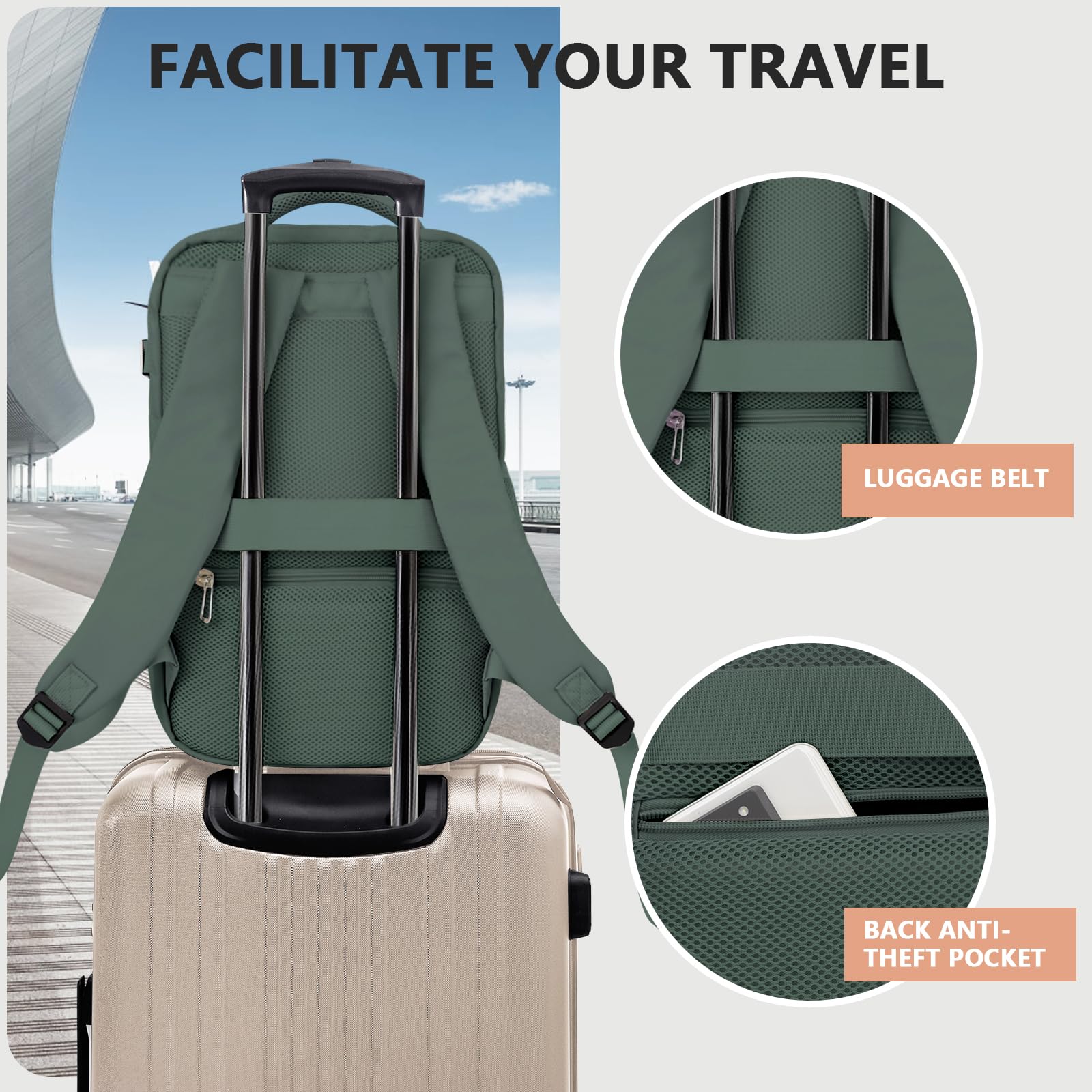 KIRFEIHT Bagaglio a Mano 40x20x25 per Ryanair Zaino da Viaggio Aereo Piccolo - Zaini Universali per Uomo e Donna, Borsa da Viaggio per Cabina per Scuola Trekking Lavoro - Verde