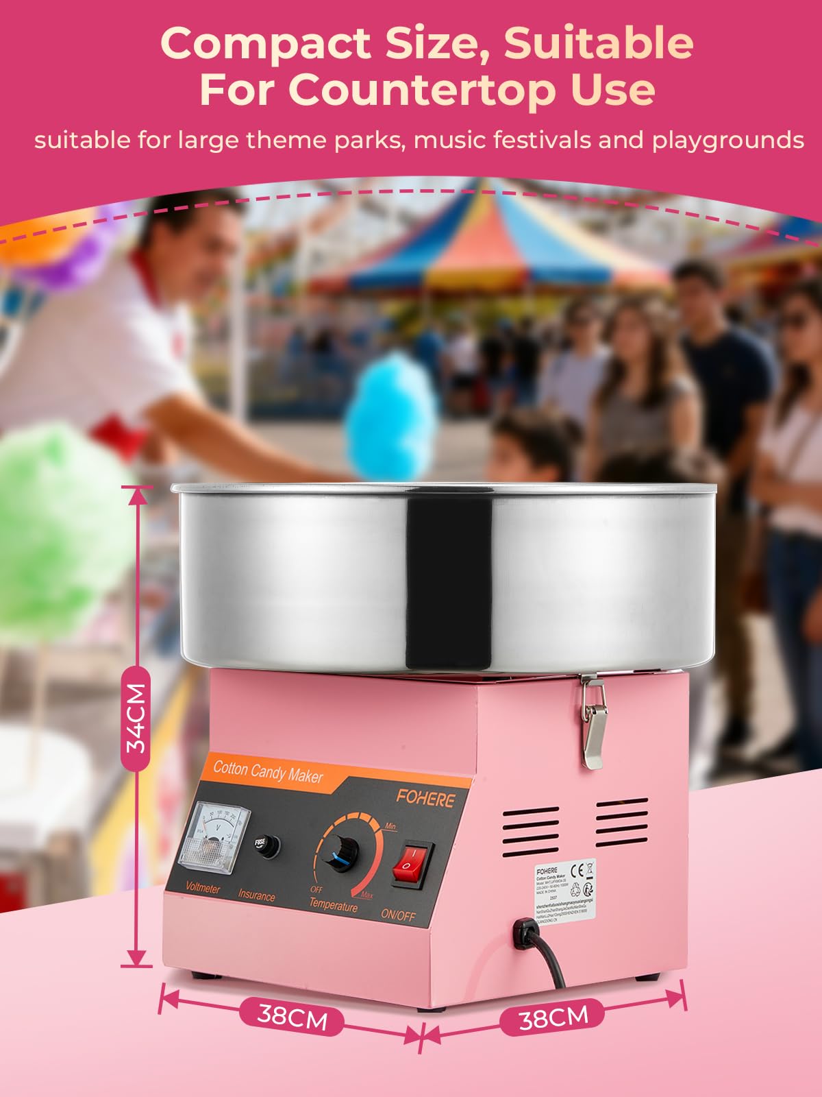 FOHERE Machine à Barbe à Papa Électrique 1000 W, Bol en Acier Inoxydable 38cm, Appareil à Barbe à Papa Commerciale pour Anniversaires, Mariages, Fêtes, Carnavals, pour Faire des Bonbons, Rose