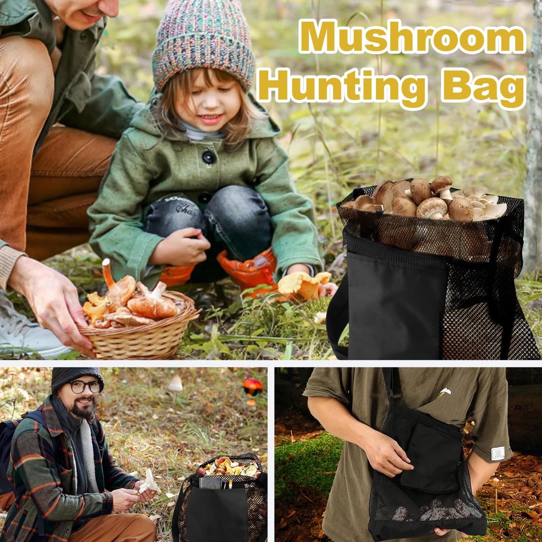 Sac de Chasse aux Champignons,1 Pièce,Maille Respirante avec Bandoulière Réglable,Panier et Fruits,Grande Capacité,Recherche de Nourriture Pliable,Pour Camping,Randonnée et Cueillette