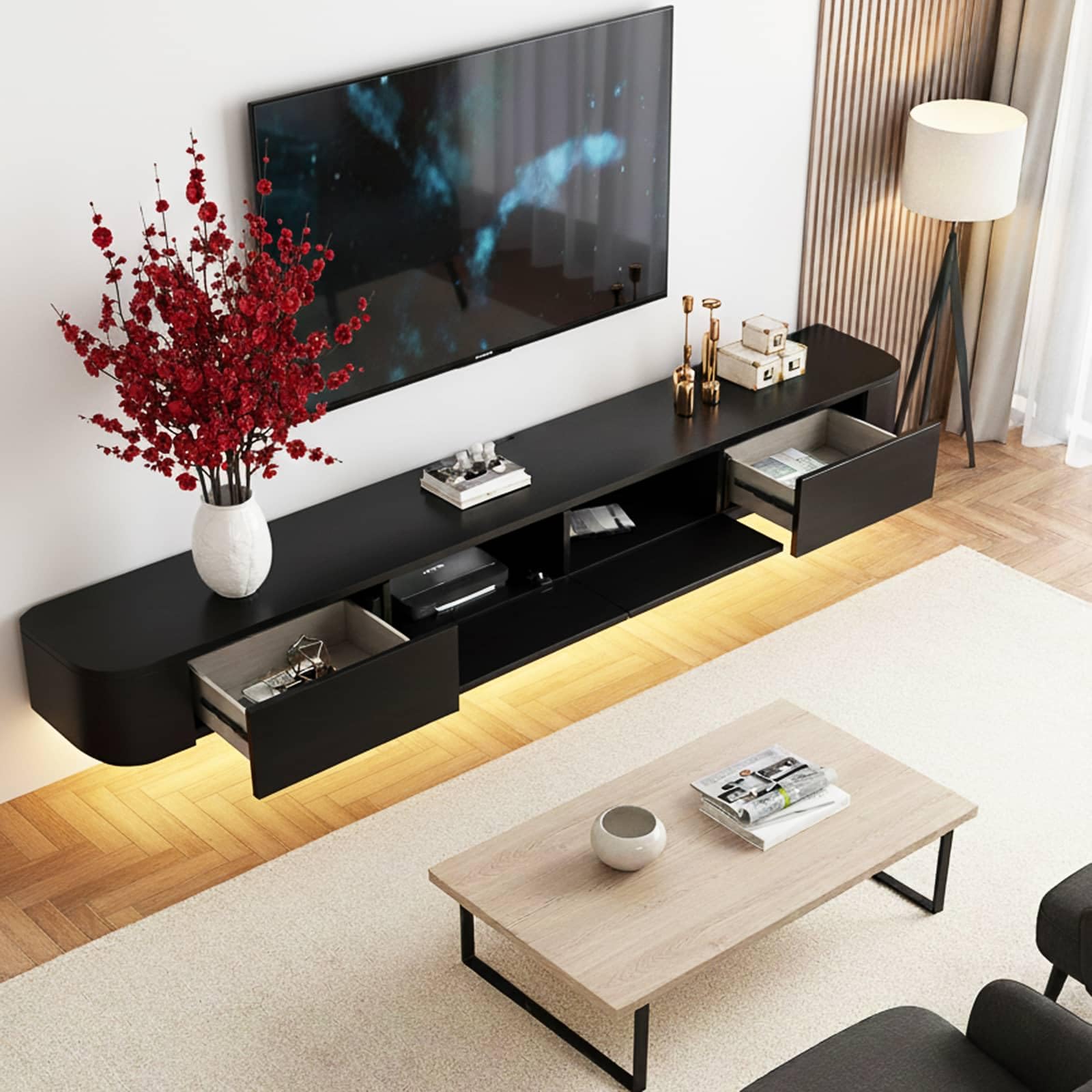 TV Lowboard Wall-Mounted tv Cabinet Tv Schrank schwebend-Schwarz+LED-Lichtleiste