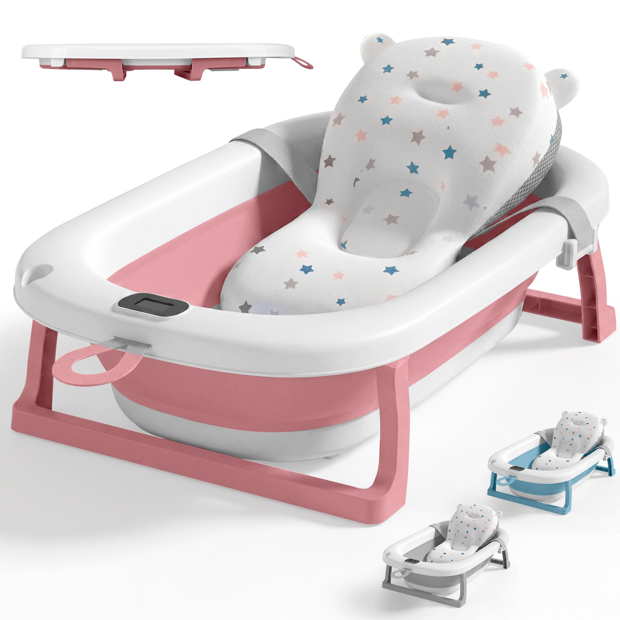 JUPPLIES Baignoire Pliable Bébé avec Coussin Ergonomique et Thermomètre Digital | Baignoire Bébé Antidérapante sur Pied | Bain Bébé Compact Facile à Ranger | 75x45x20cm (Rose, Sans Pattes)