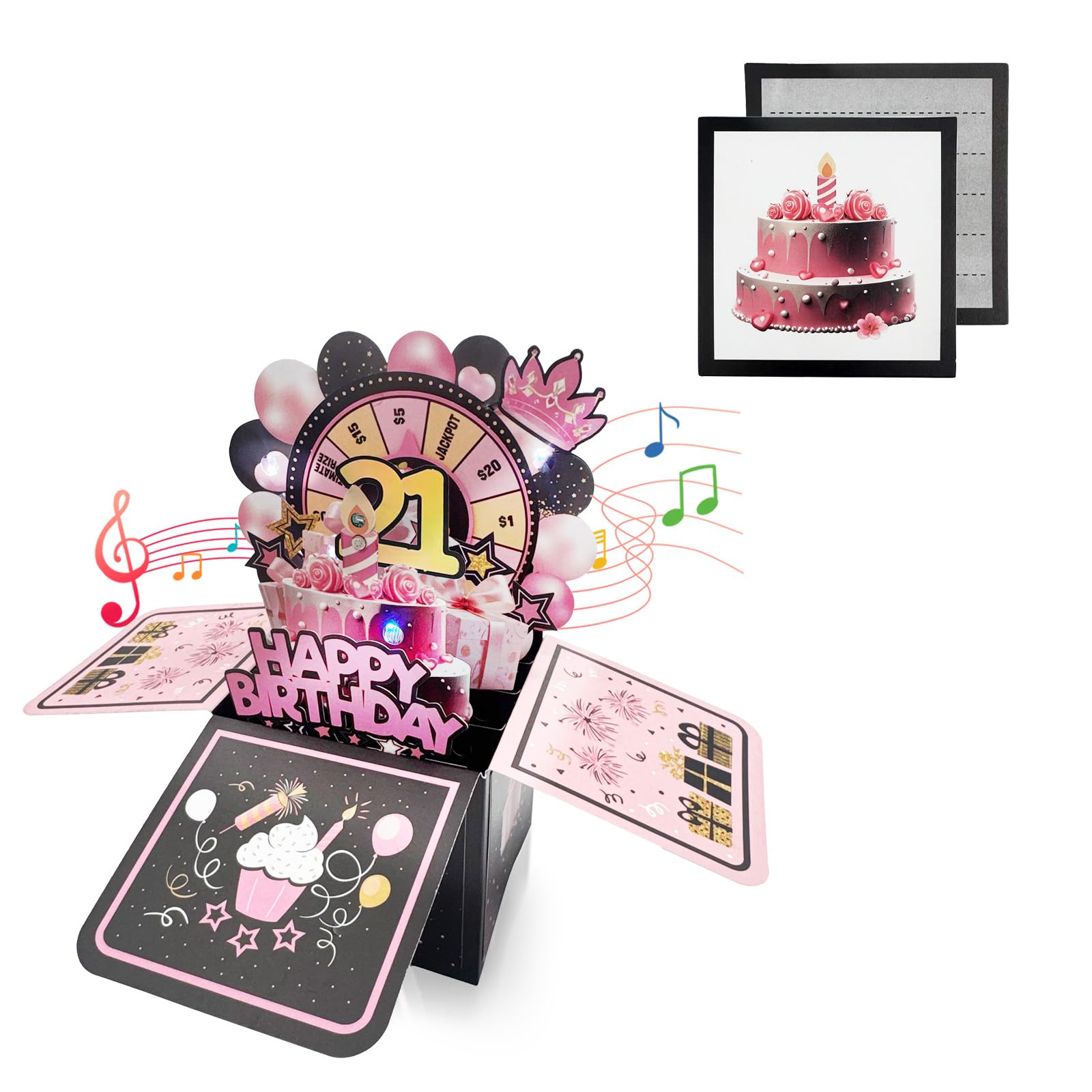 Black Pink 3D Pop Up 21st Musical Birthday Card for Girls Her Birthday Gifts,Singing Blowable Candle Light Up Happy 21st Birthday Cards with Turntable for Daughter Granddaughter Sister Nephew Niece