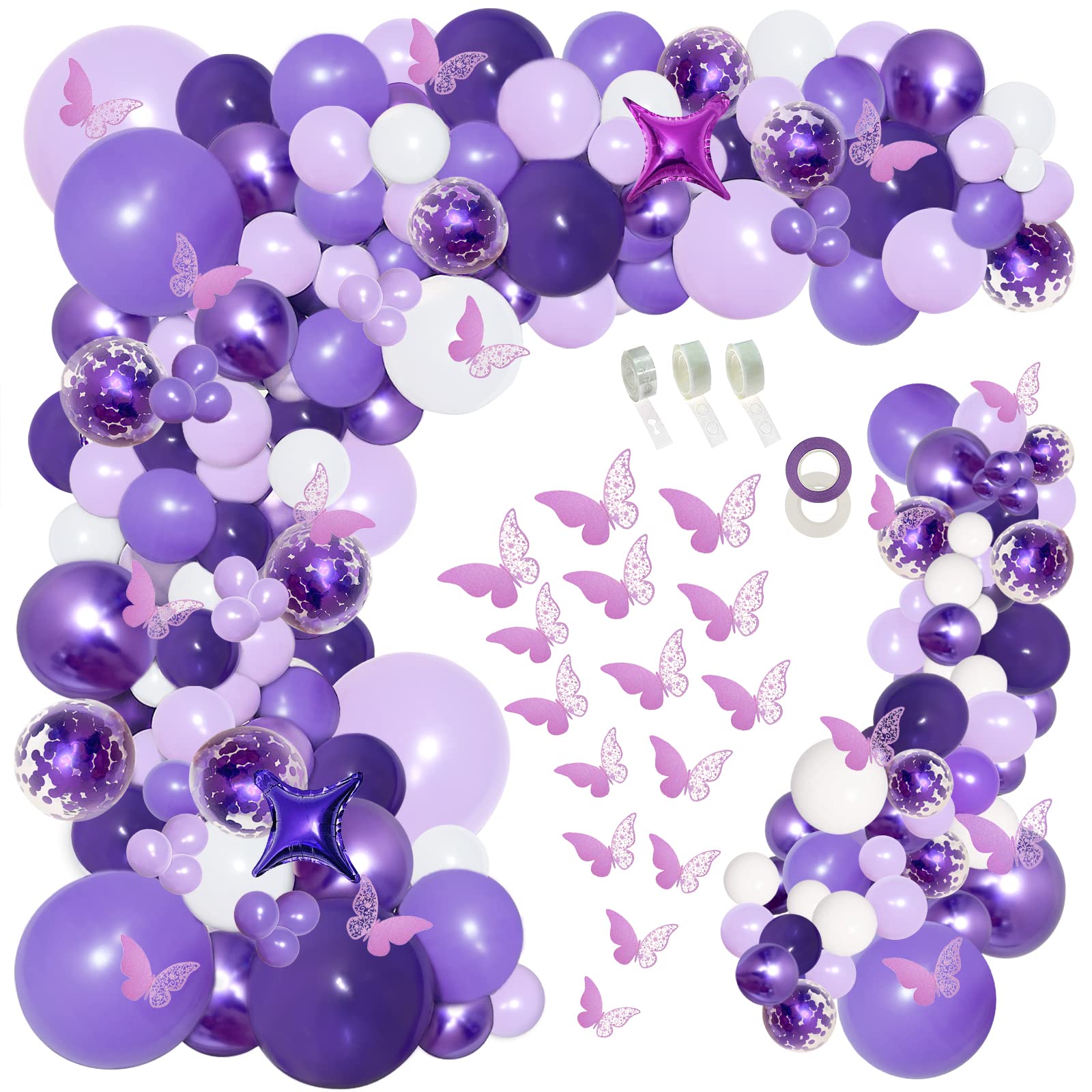 150pcs Purple Balloon Garland Kit with Butterfly Stickers, Lavender White Macaron Metallic Purple Confetti Balloons Arch for Birthday Wedding Anniversary Sweet 16 Enchanted Forest Party Decor