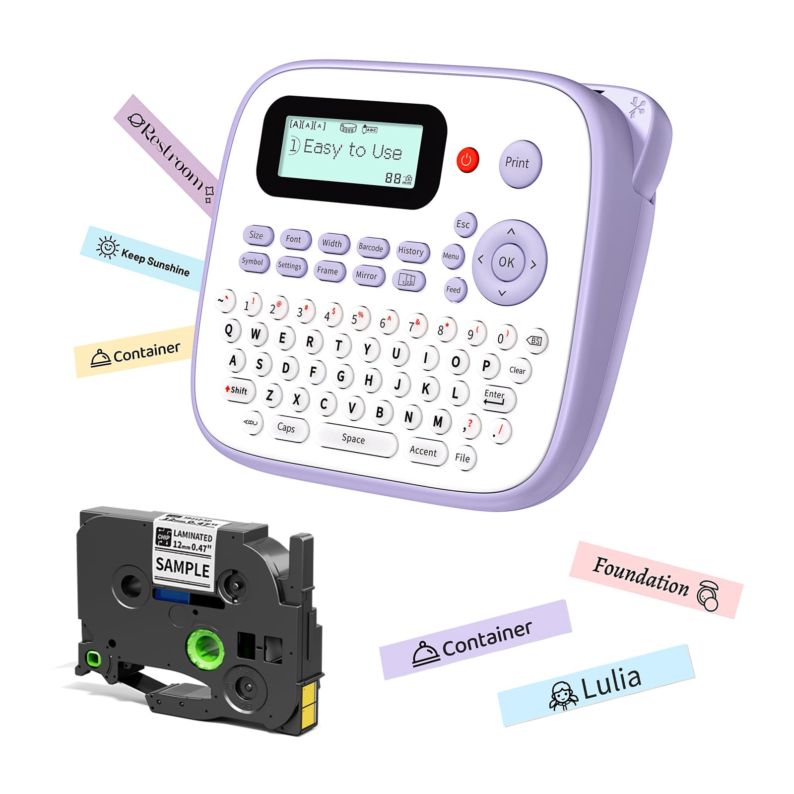 EazeID Label Maker Machine with-Tape, Label Maker Waterproof-Labels 12mm, Portable Labeler Purple for Teachers Kids, Desktop Labeler with Multiple Symbols &Fonts for Home Office School Use, D210S