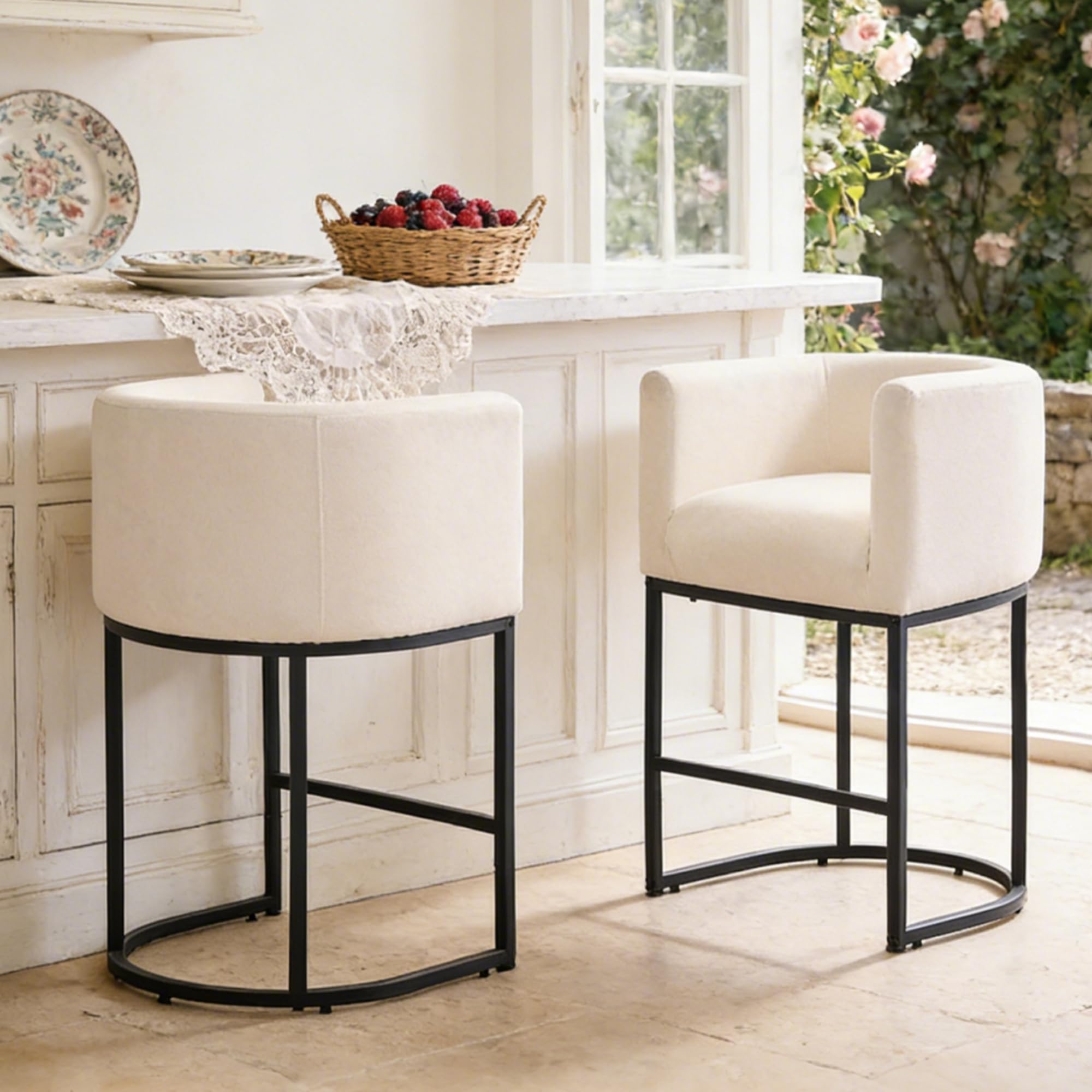 ClinQ 26" H Counter Height Bar Stools Set of 2, Modern Barrel Counter Stools with Backrest and Arms, Black Metal Frames,Linen Fabric Upholstered Accent Barstools for Kitchen Island,Beige