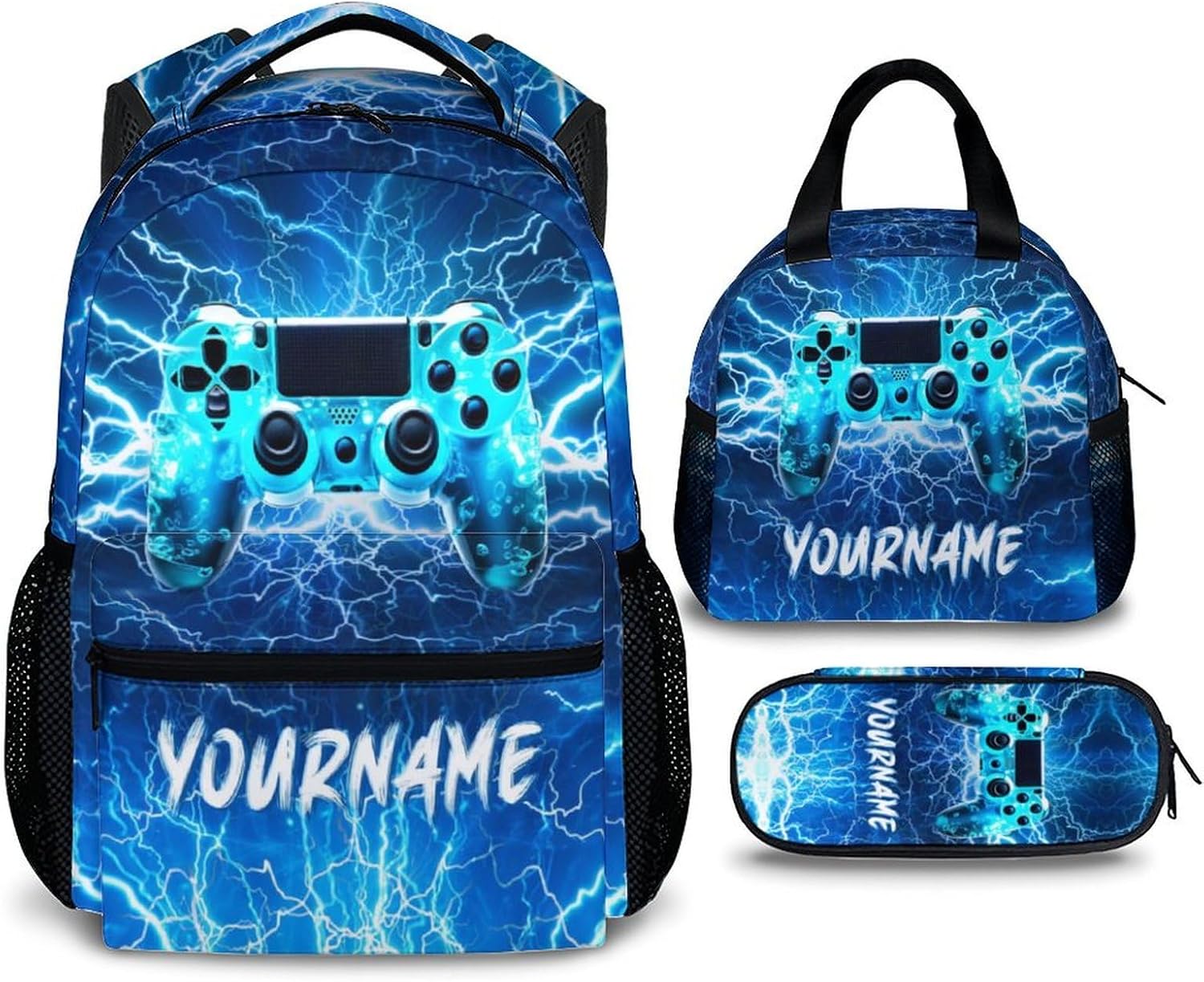 Custom Backpack for Kids Boys Teens, Personalized Gamer Schoolbag Set with Lunch Bag Pencil Case for Kindergarten Elementary Primary Middle College, 17 Inch Lightweight Gaming Bookbag