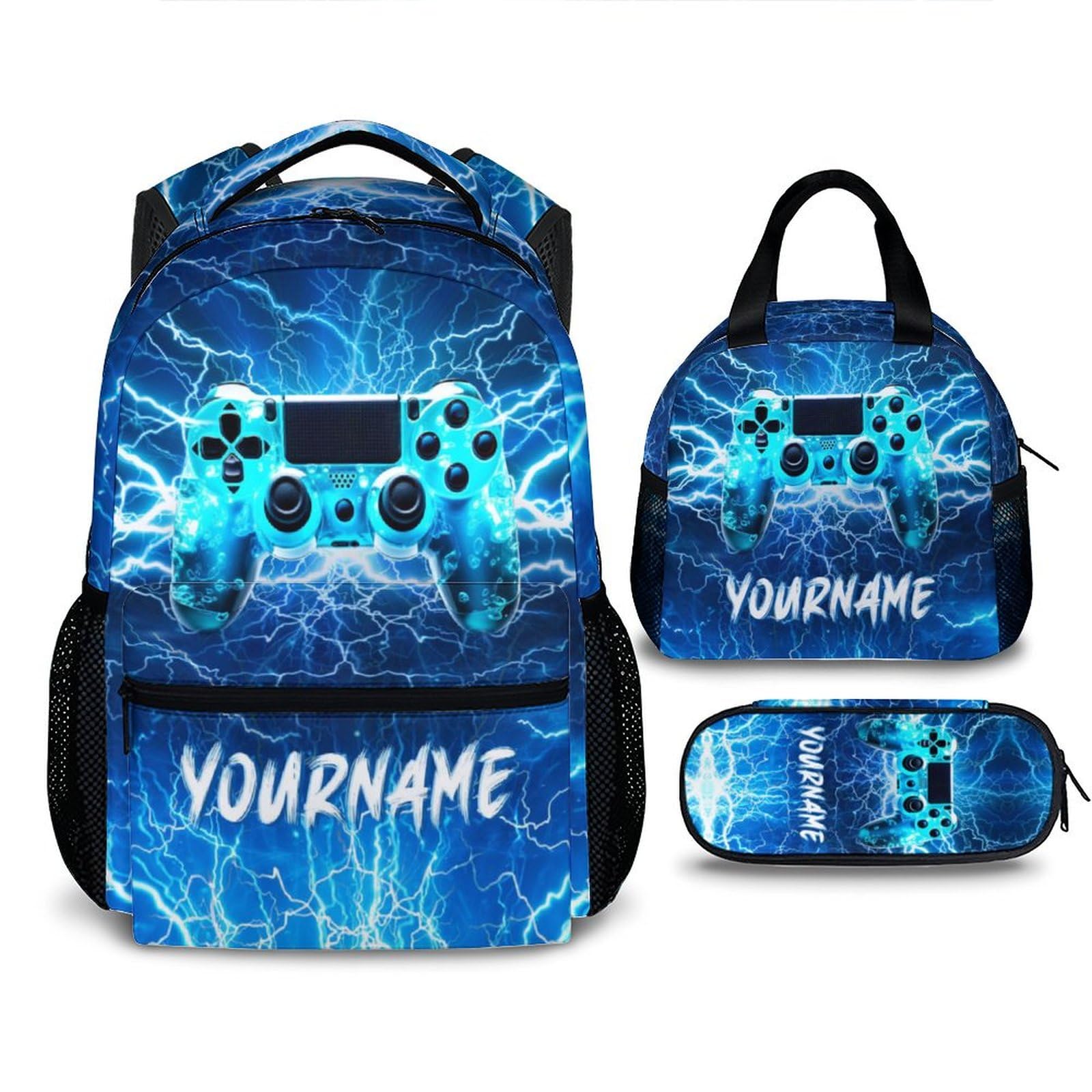 CustomWish Custom Backpack for Kids Boys Teens, Personalized Gamer Schoolbag Set with Lunch Bag Pencil Case for Kindergarten Elementary Primary Middle
