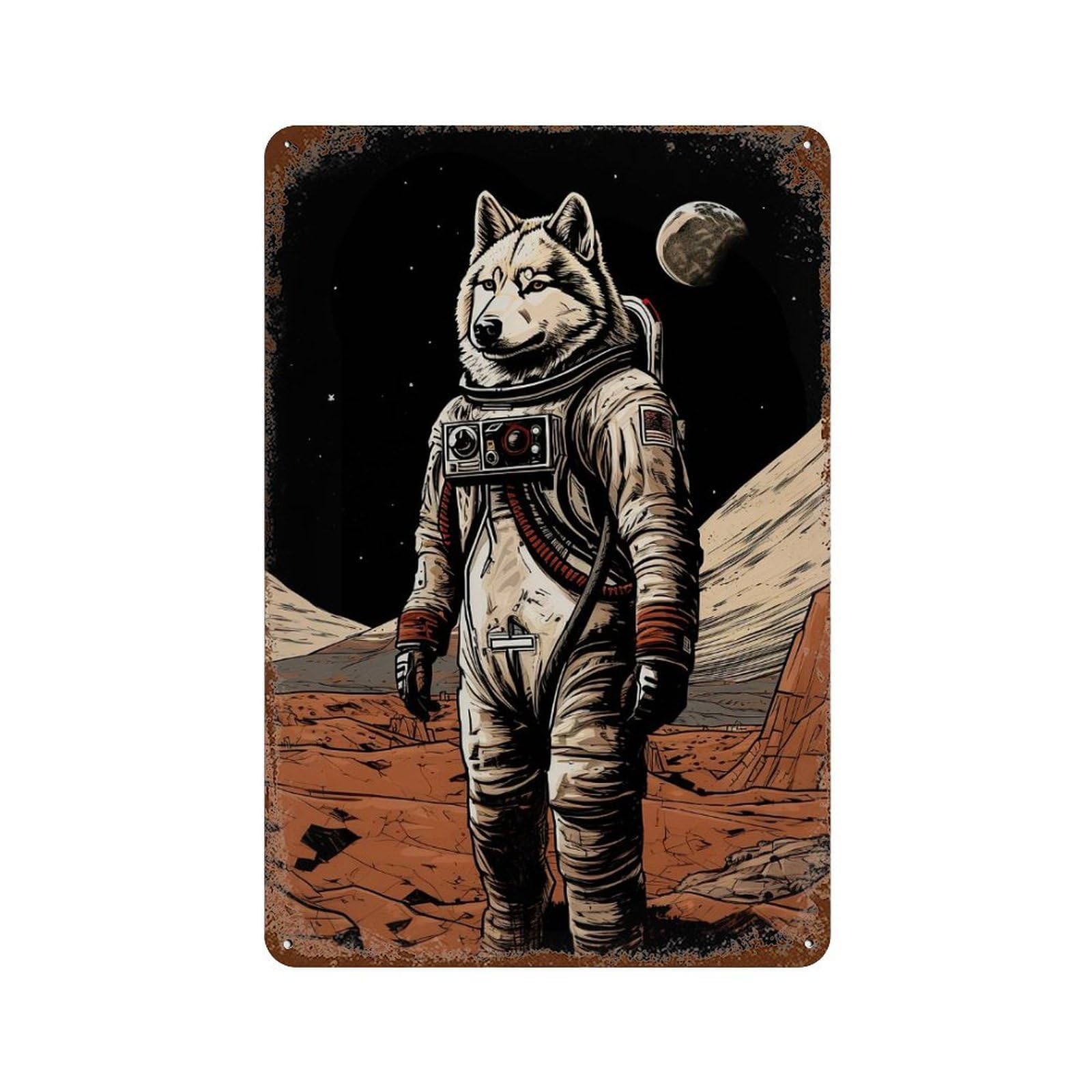 Decorative Tin Sign Husky Astronaut On Mars 11.8"x7.9", Vintage Wall Decor for Pub, Kitchen And Man Cave Decor