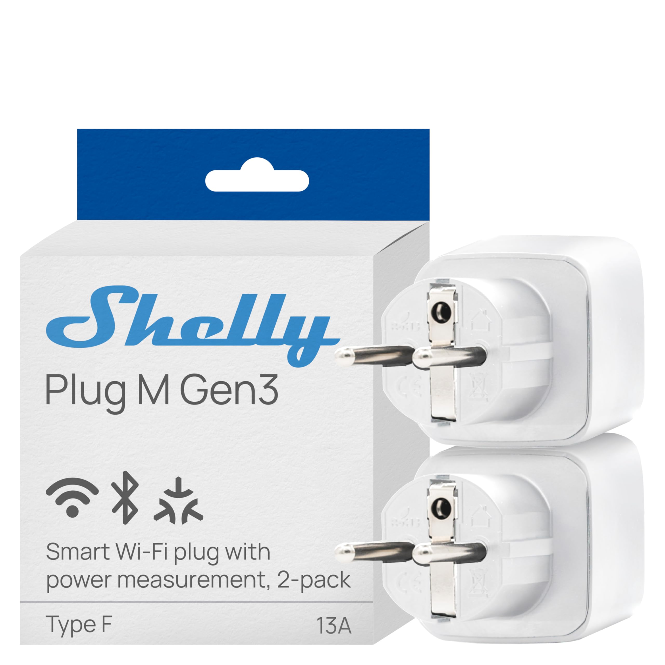 Shelly Plug M Gen3 Blanc – Prise connectée Matter et Wi-Fi, 13A (3000W) Type F, avec Mesure de consommation électrique, Compatible Alexa, Google, Home, Apple Homekit - Lot de 2