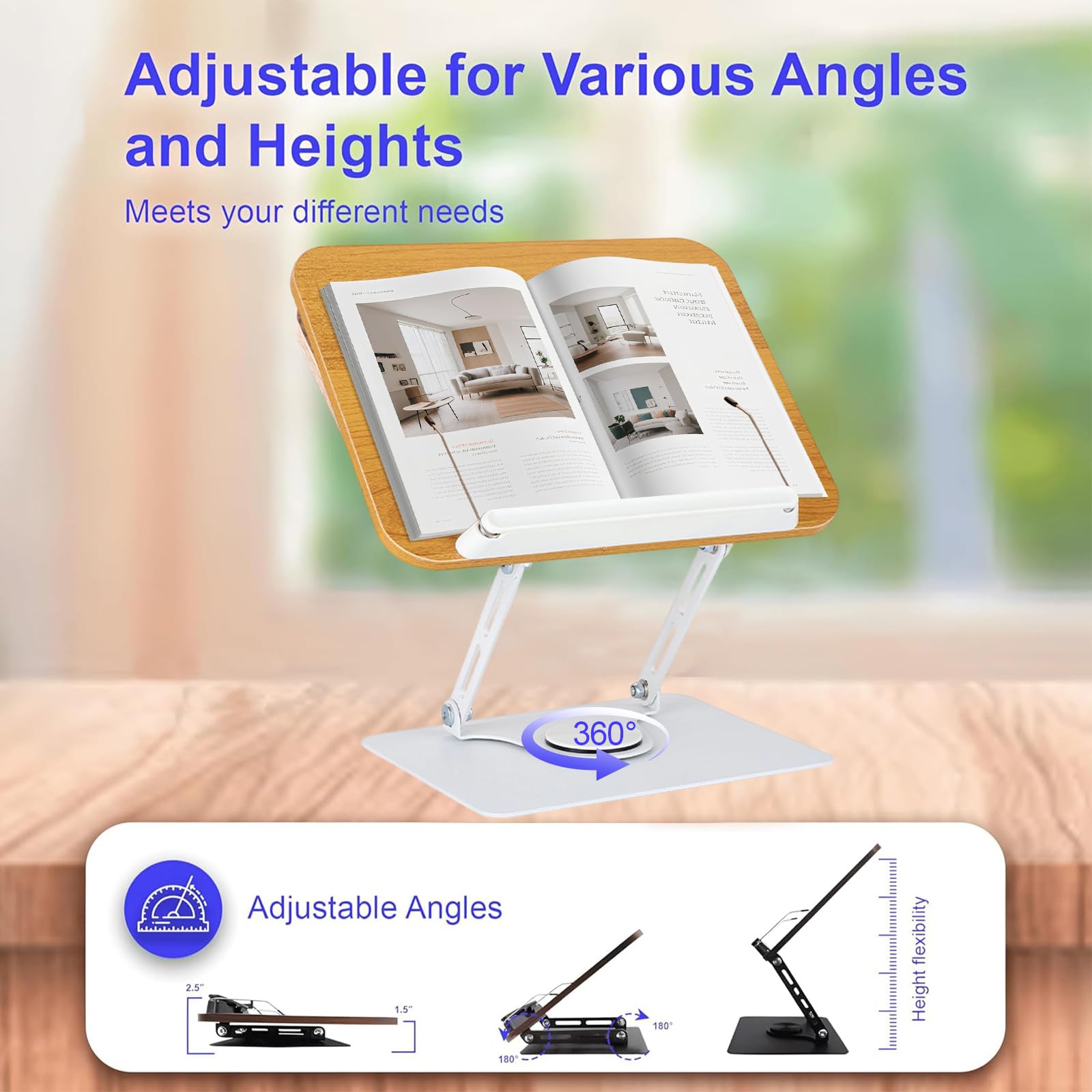 Buchständer Verstellbarer, Holz Buchhalter Leseständer zum Lesen mit 360° Drehbarer Basis, Kochbuchständer, Rezeptbuchhalter mit elastischen Seitenklammern für Musikpartituren Rezepte Tablet Laptop