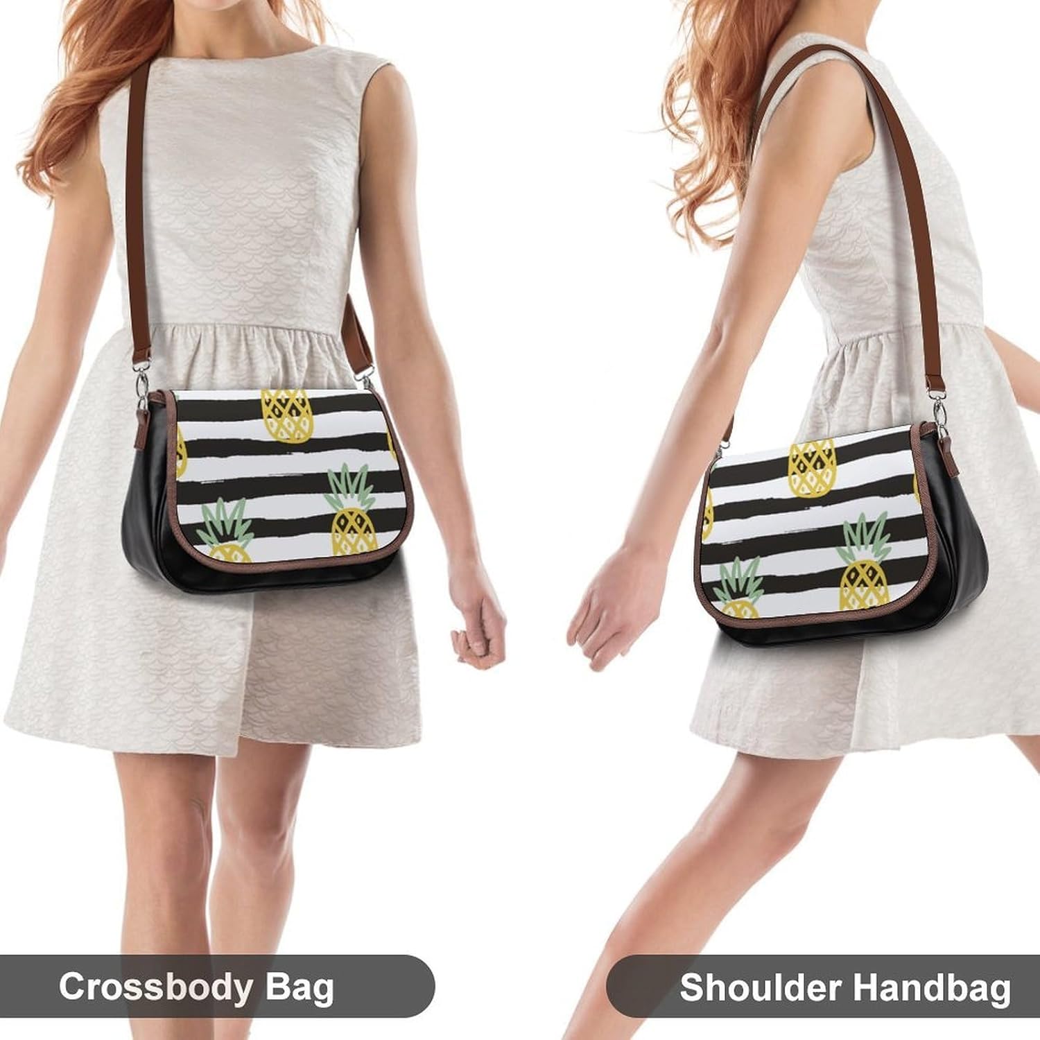 Black Stripes Cartoon PineappleWomen's Faux Leather Crossbody Bag, Waterproof Wrinkle-Resistant Shoulder Bag with Detachable Strap, Large Capacity Casual Handbag, Fashion Daily Purse for Shopping Work