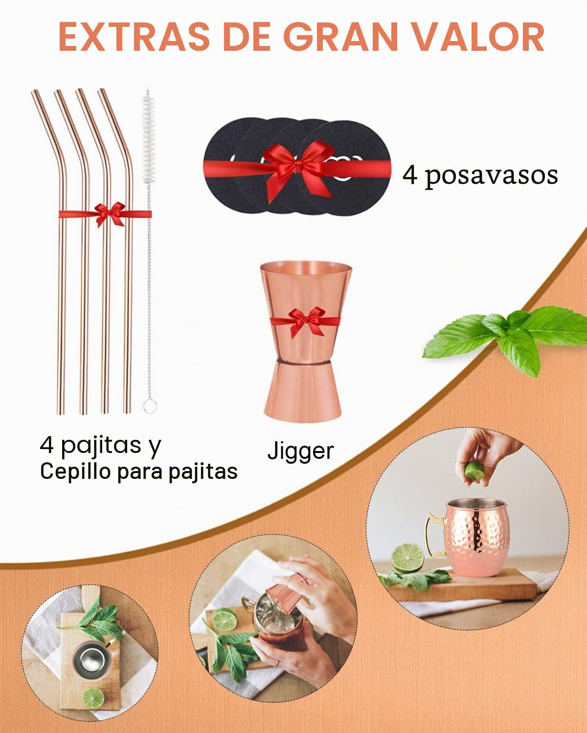 LIVEHITOP Moscú mula Cobre Tazas 4 Piezas, 19.5 oz Copa Cobre con 4 Posavasos, 4 Pajitas, Pincel Jigger y Paja, Conjunto Regalo Taza para el Hogar, Bar, Fiesta (4)