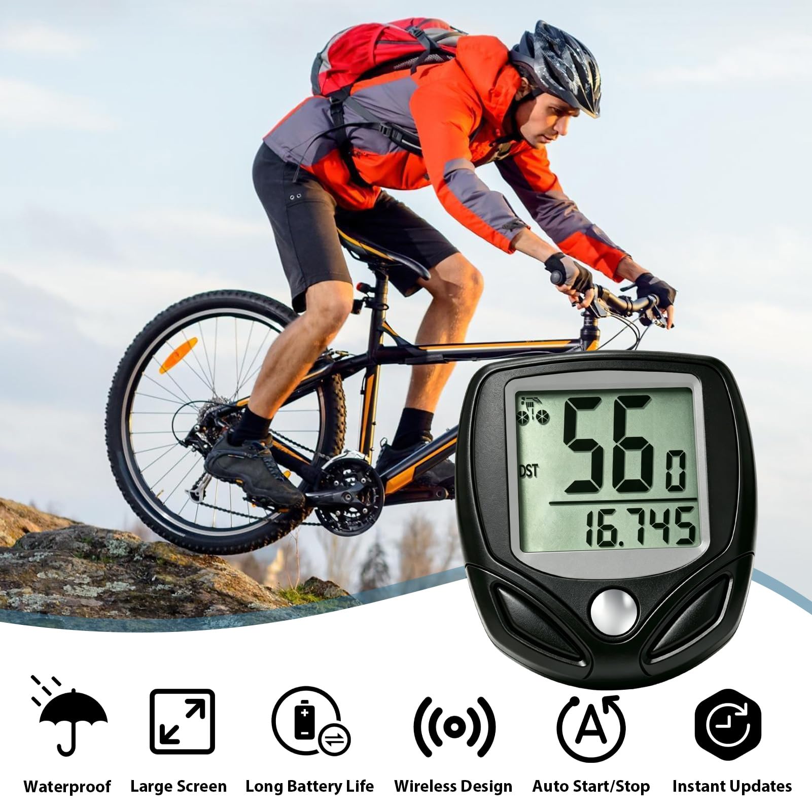Cuentakilómetros Bicicleta Inalámbrico con 19 Funciones,Velocímetro Bicicleta IP54 Resistente al Agua,Pantalla LCD con Inicio Parada Automática,Cuenta Km Bicicleta para Uso Diario