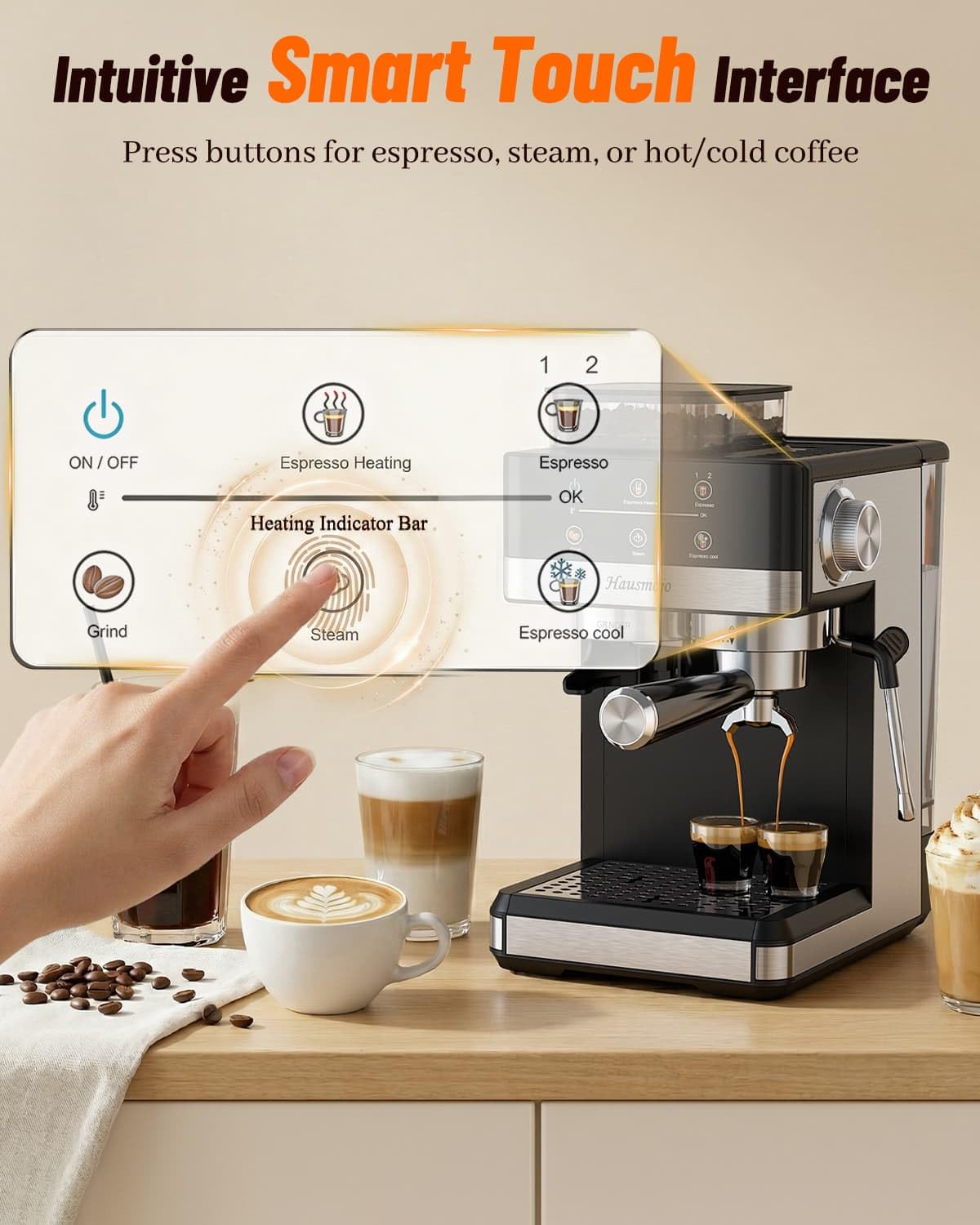 Máquina de café espresso con amoladora, cafetera compacta de 20 barras con espumador de leche, máquina de café profesional para el hogar, control táctil, capuchino y cafetera con leche