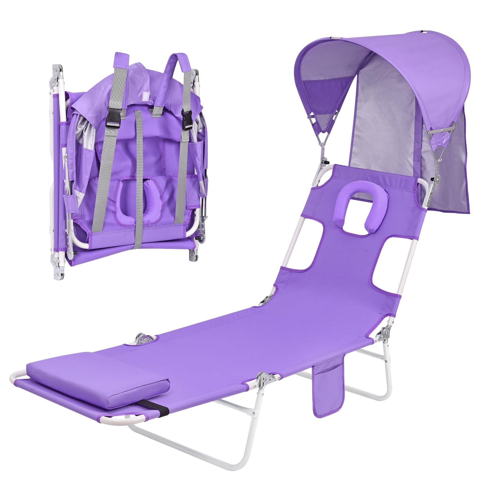 Backpack Beach Tanning Chair with Canopy Sun Shade & Face Hole, 6 Position Folding Lounge Sun Chair for Adults Outside Reading Sunbathing Poolside