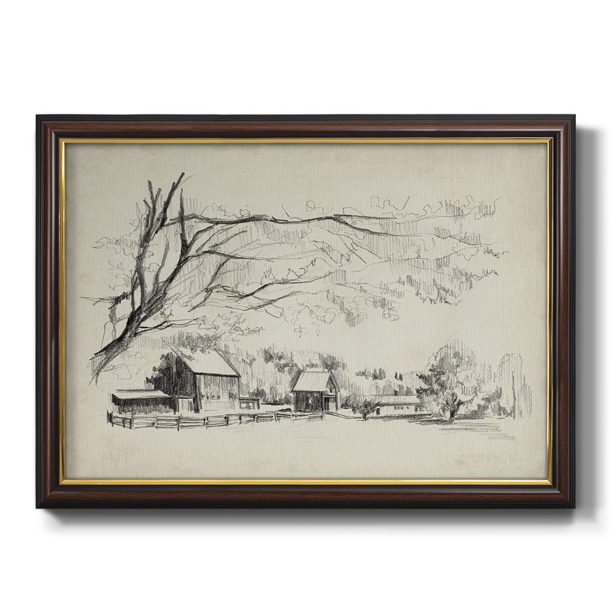 Renditions Gallery Canvas Wall Art Black Walnut Frame Paintings Vintage Village Sketch Black & White Modern Canvas Art for Bedroom Dining Living Room
