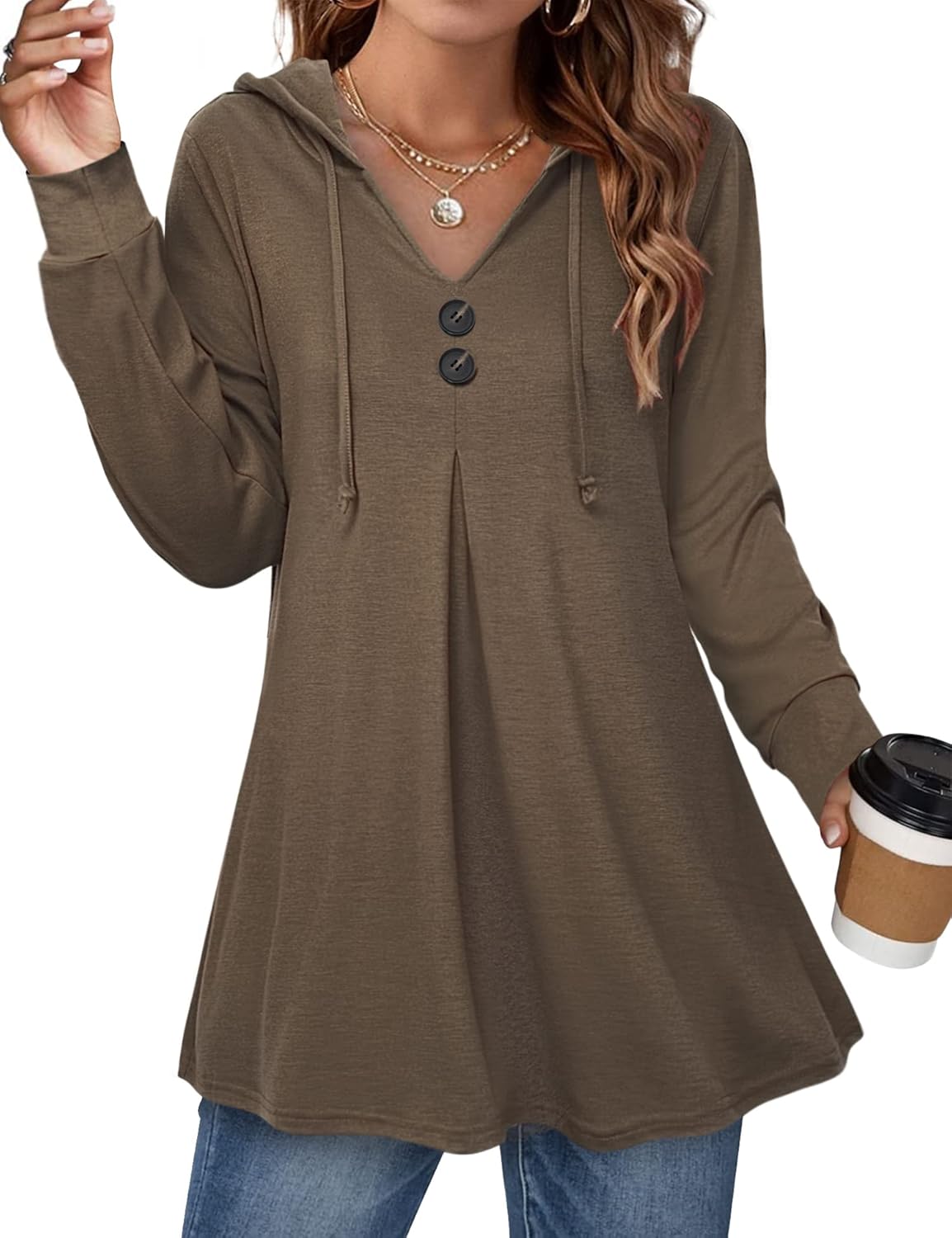 Lotusmile Women’s Long Sleeve Hooded Tunic Tops Button Swing Pullover Hoodie Sweatshirts
