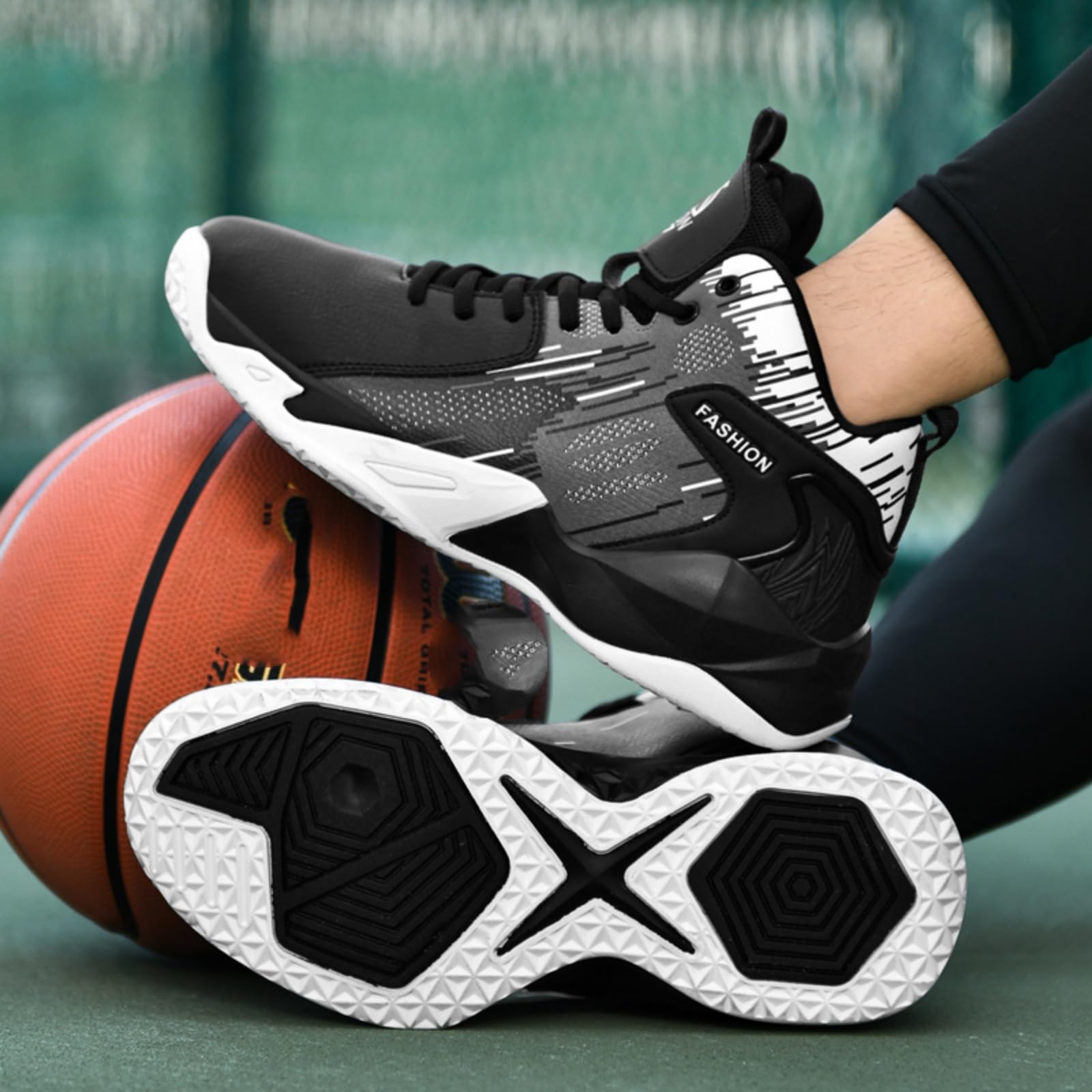 Chaussures de Basket-Ball Montantes for Hommes, Chaussures de Sport antidérapantes et Tendance(Black White,48 EU)