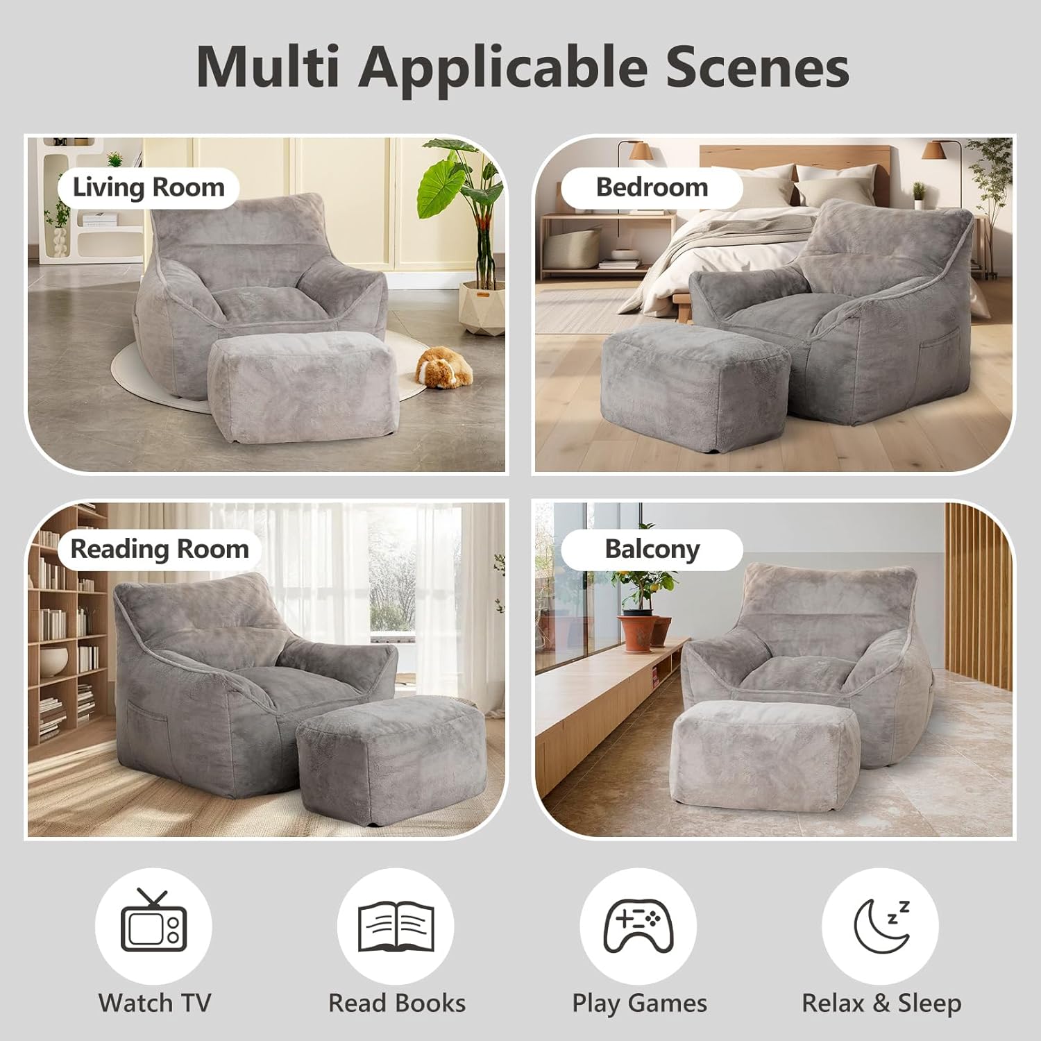Bean Bag Chair, Bean Bag Chair with Ottoman, Big Beanbag Chair with Filling, Large Beanbag Chair with Filler for Living Room (Faux Fur in Gray, 38.15" Wx40 Dx30 H)