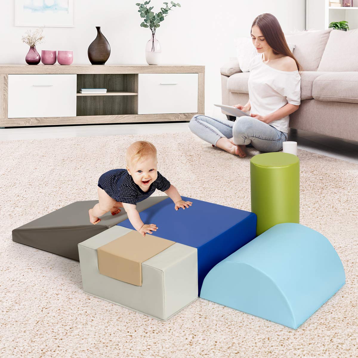 COSTWAY 6PCS Blocs de Construction en Mousse Fait en PU+EPE Colorée Jouets Educatifs pour Dvelopper Les Cpacités Mtrices des Enfants d'Âge Préscolaire, Bébés (Citron Vert)