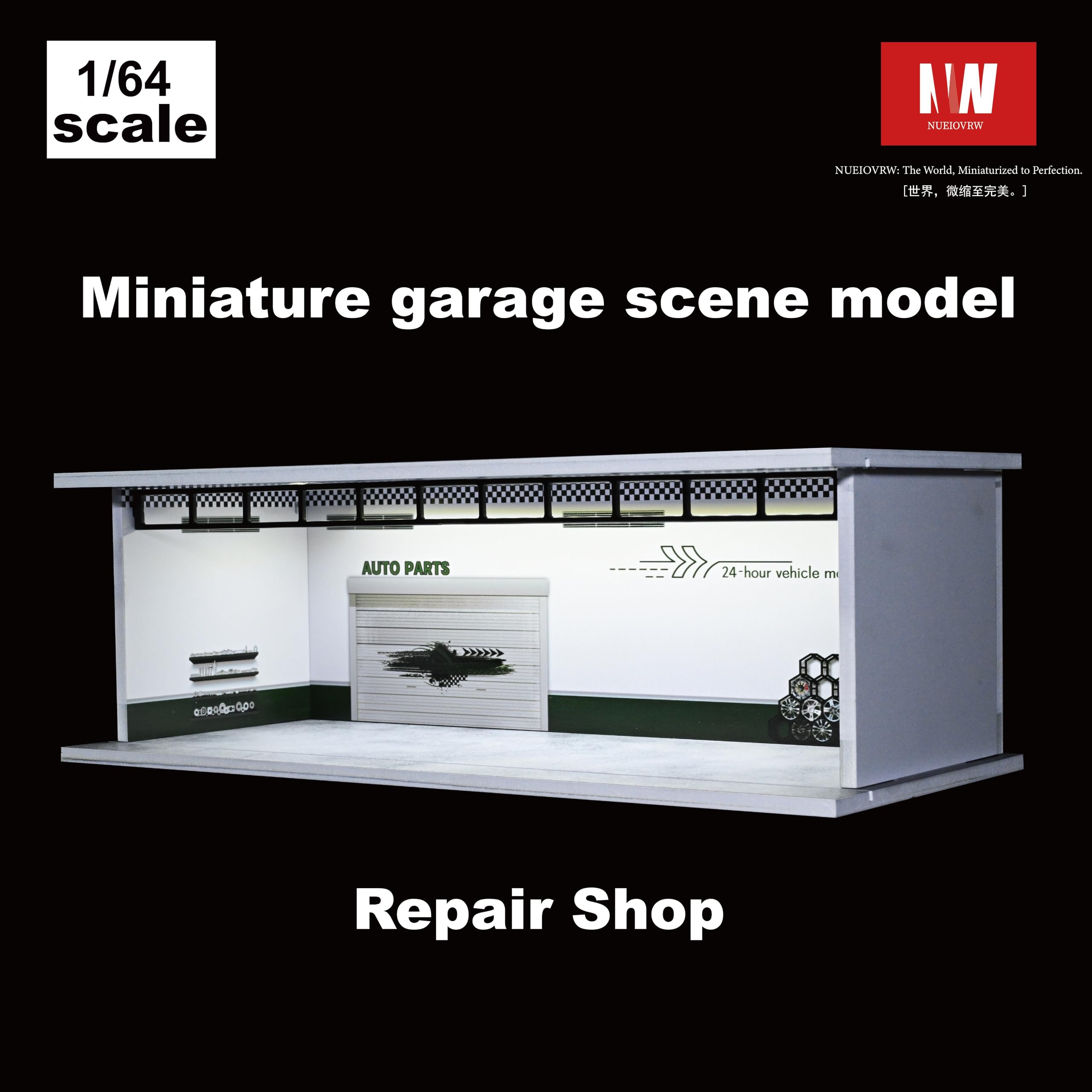 Modèle de garage diorama 1/64, avec éclairage LED, ville, salle d'exposition, scène de parking, échelle 1/64, boîtier d'affichage de garage pour modèle de scène de voiture, jouet idéal (Repair Shop)