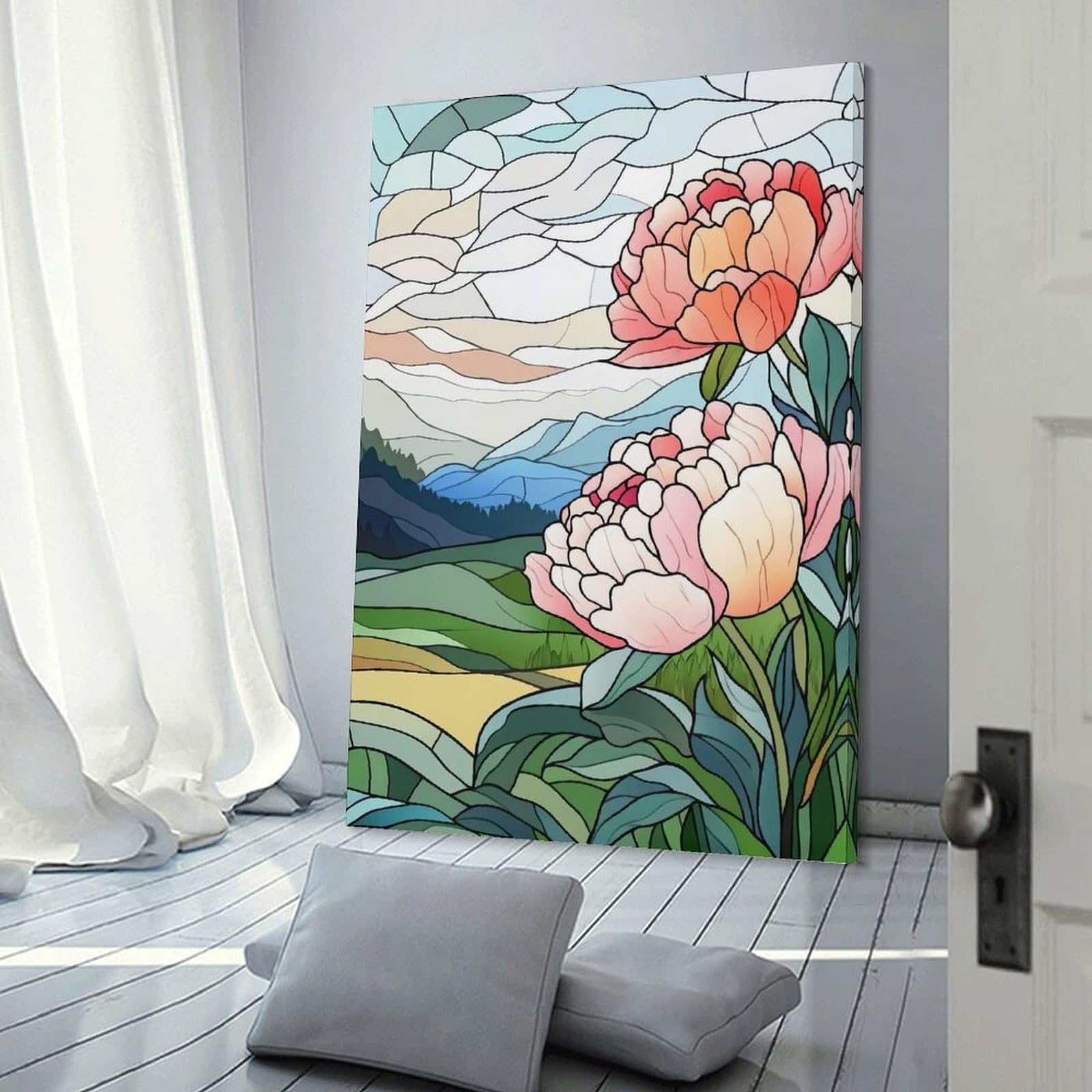Junmoney Frame-Style-4-1 Stained Glass Peonies Hanging Wall Art, 08X12inch(20X30cm), For Gallery Wall Decor And Room Displays, Home Wall Art For Statement Displays