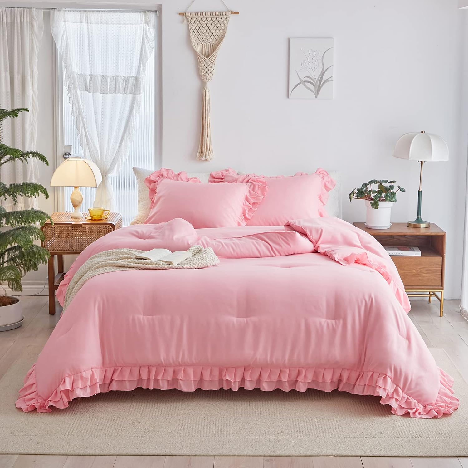 Pink Ruffle Comforter Set Queen Size, 3 Pieces (1 Ruffled