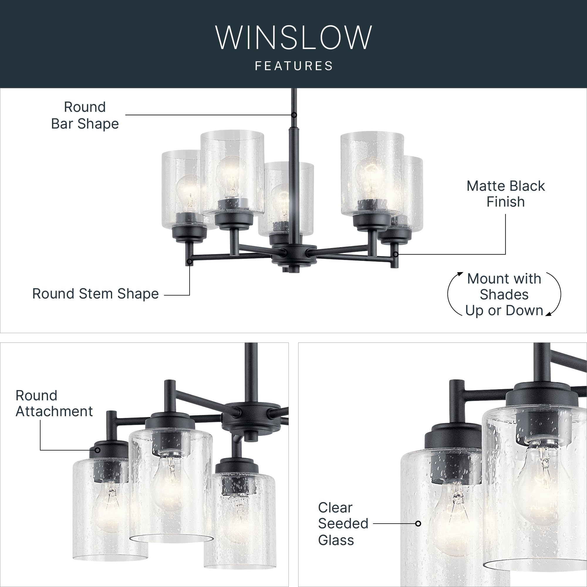 Kichler Winslow 5-Light Chandelier Light, Seeded Glass, Black