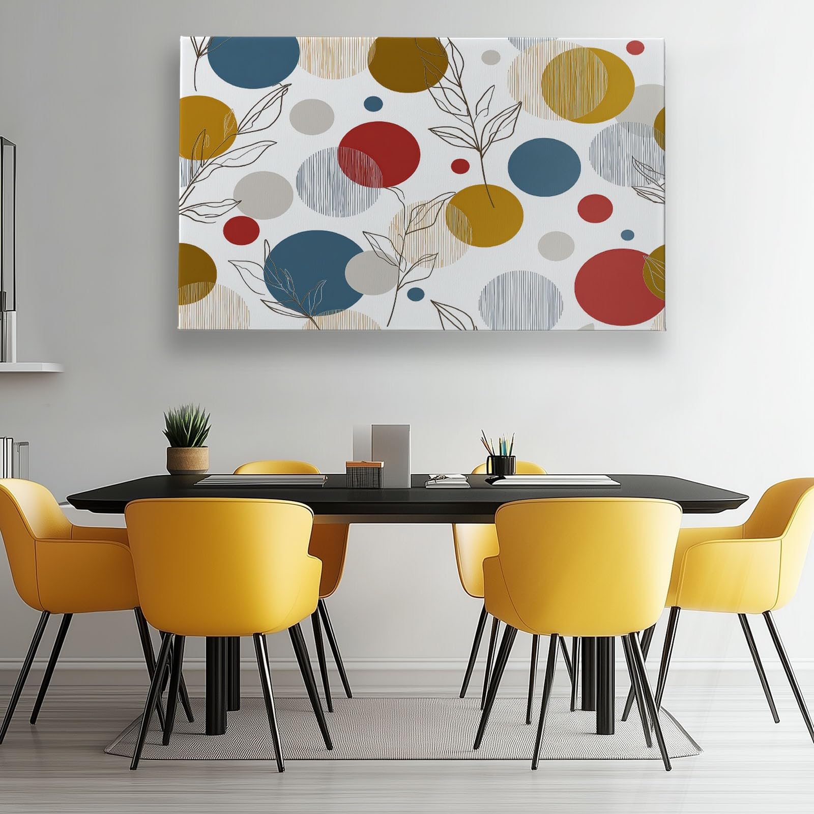 Abstrakt Geometrisch Polka Dots Pflanzen Modernes Leinwandbild 120L x 80B cm mit Rahmen, Boho XXL Wanddeko für Wohnzimmer Geschenk Idee Einzug - Hochwertiger Kunstdruck auf Holzrahmen