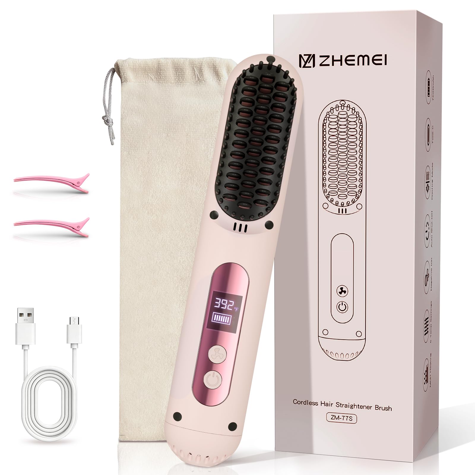 Cordless Hair Straightener Brush,Portable Hair Straightener,Pink