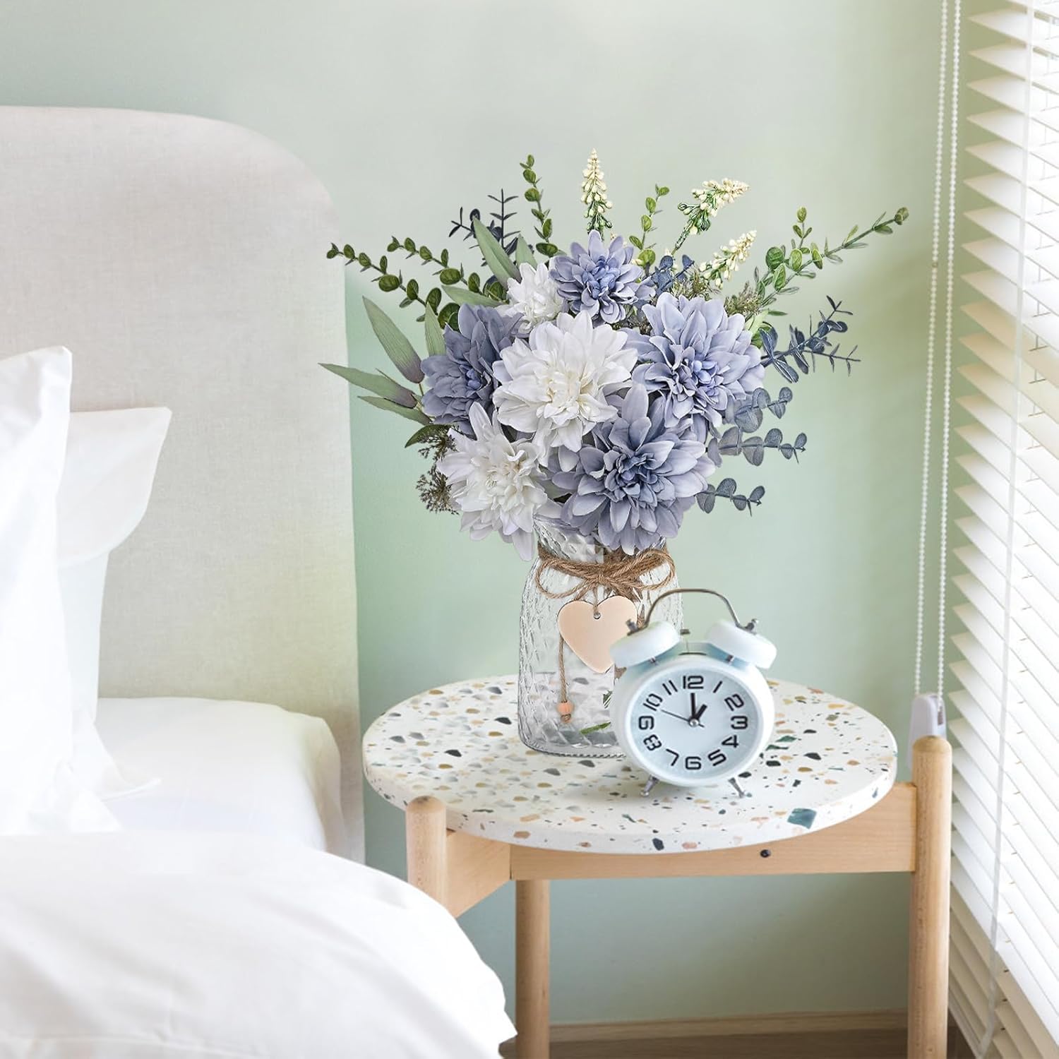 MARTINE MALL Fake Flowers in Vase, Faux Flowers in Vase, Dahlia Artificial Flowers in Vase Centerpiece Table Decorations Artificial Flower Arrangement for Home Dining Room Office Farmhouse, Blue - Image 5