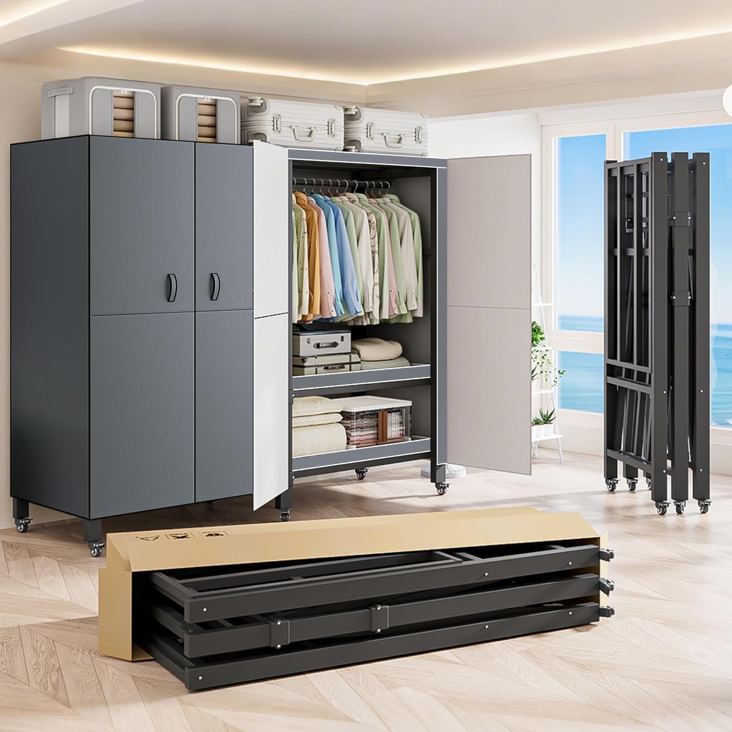 FKKPRVAX Heavy Duty Covered Clothes Rack with Magnetic Door 1500LBS Foldable Portable Wardrobe Closet for Hanging Clothing Rolling Black Metal Garment