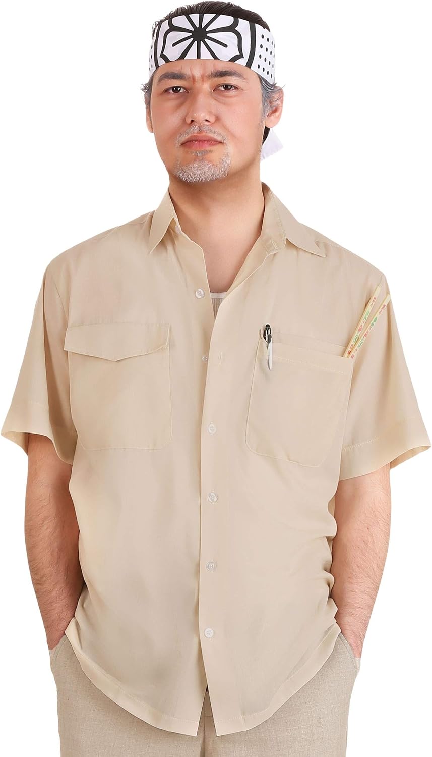 Adult Karate Kid Mr. Miyagi Costume Kit | Shirt, Headband, and Pair of Chopsticks | 80's Movie Inspired Halloween Set