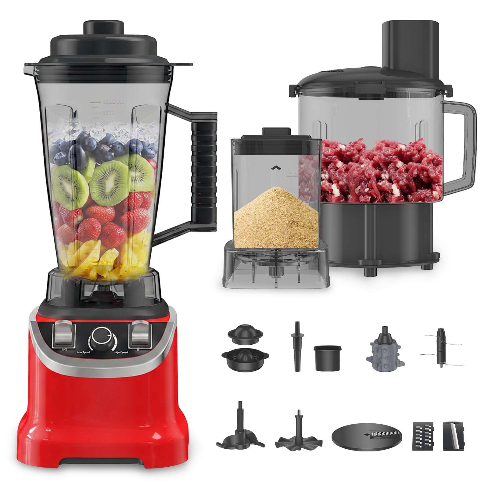 Batidora licuadora de 9500 W 3L, 32000 RPM, 8 en 1 batidora multipropósito con cuencos para jugo, picar, moler, amasar, rallar - acero inoxidable