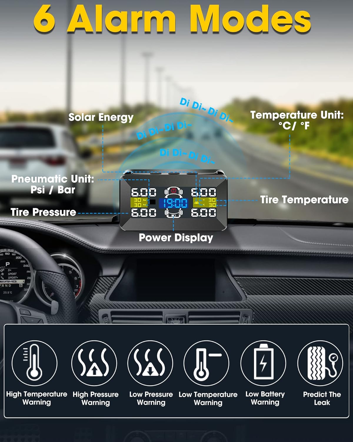Image of the TPMS monitor display showing tire pressure, temperature, power, and various alarm icons.